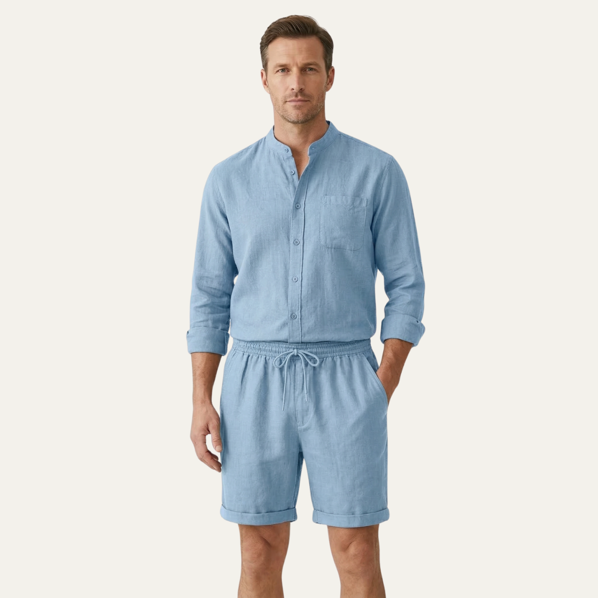 Leinen Set Herren Hemd Shorts Lockere Passform Baumwoll Leinen