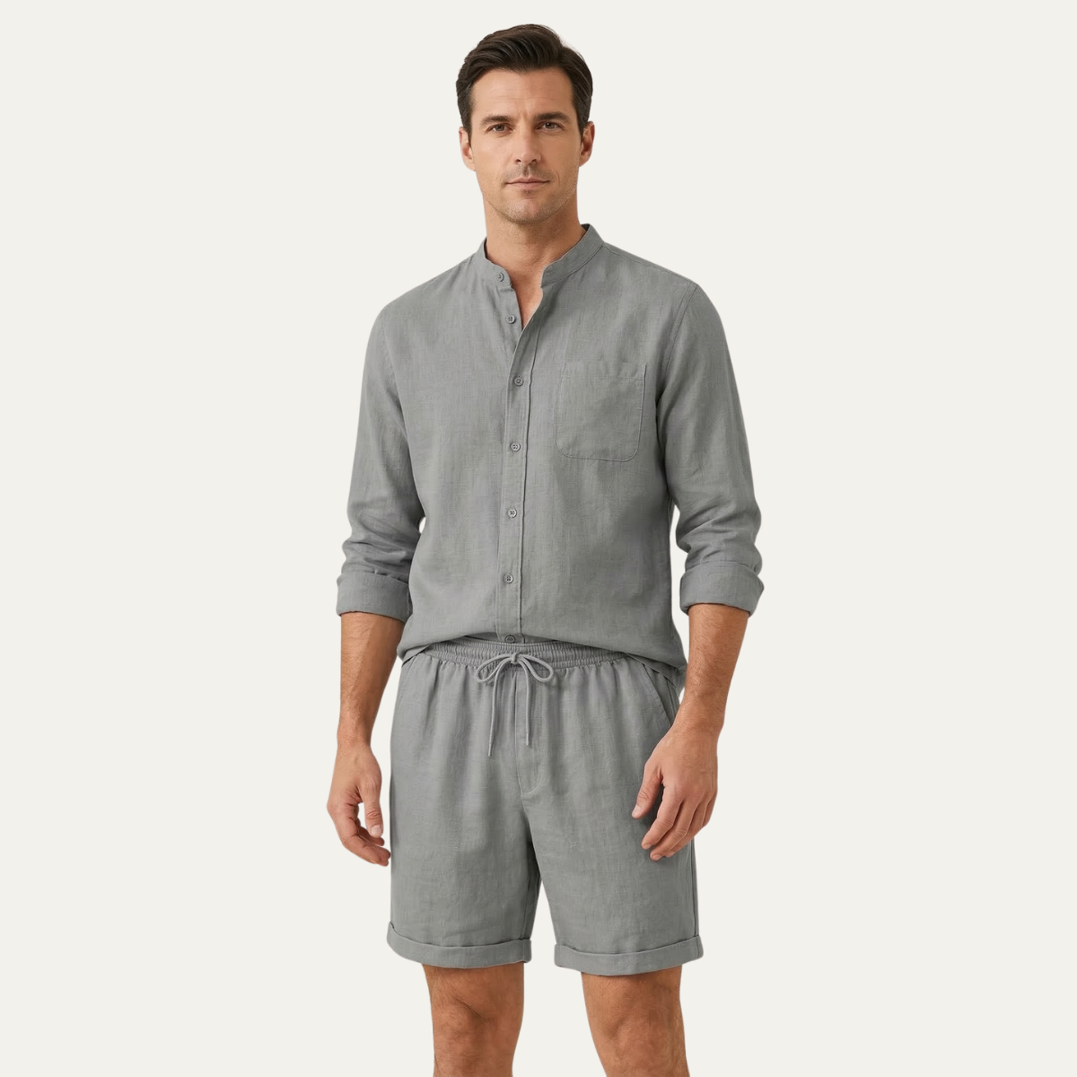 Leinen Set Herren Hemd Shorts Lockere Passform Baumwoll Leinen