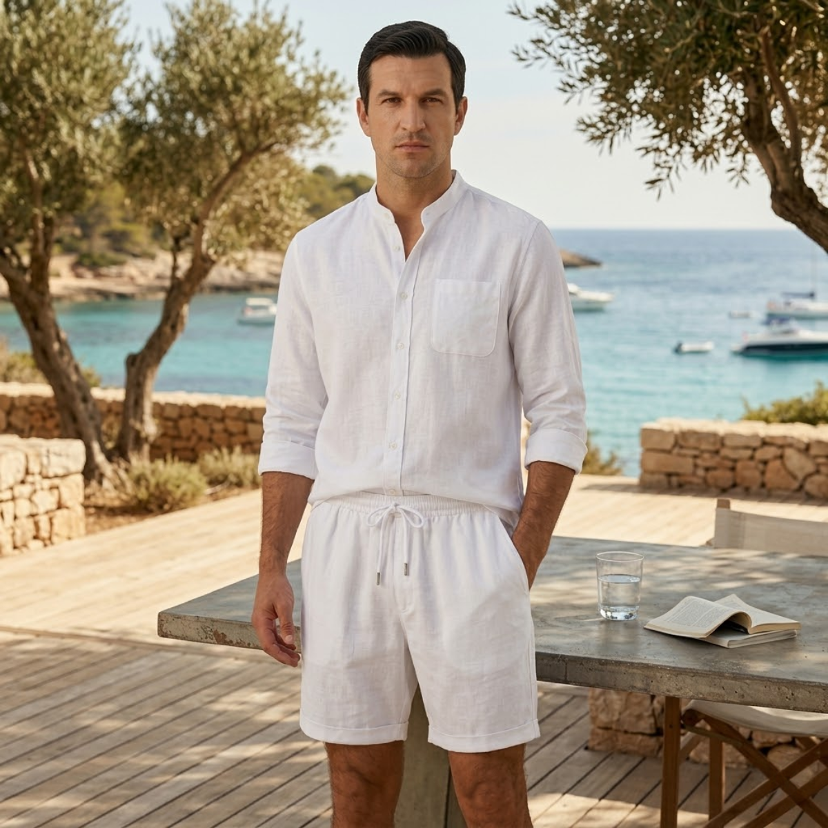 Leinen Set Herren Hemd Shorts Lockere Passform Baumwoll Leinen