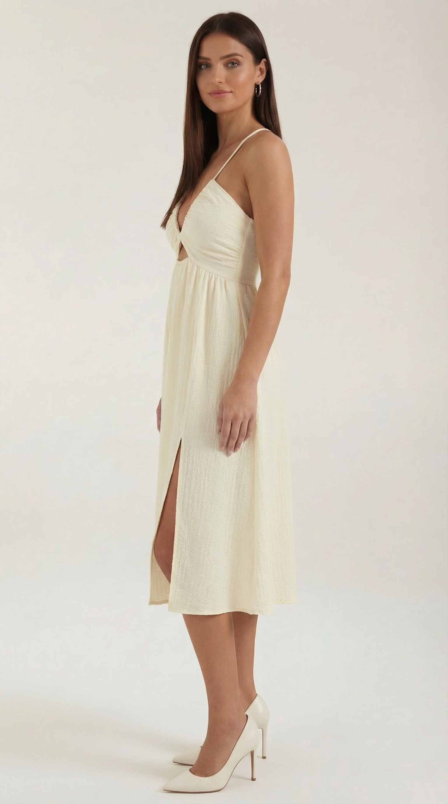 Midikleid Damen Verstellbare Traeger Schlitz Ausschnittdetail
