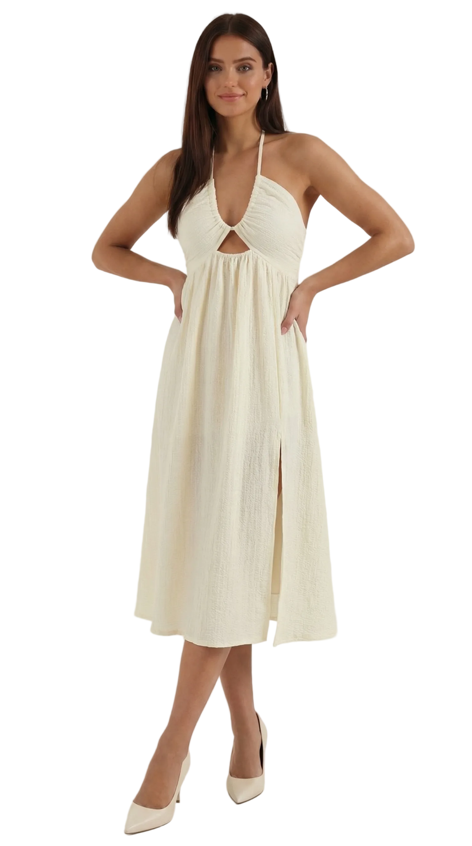 Midikleid Damen Verstellbare Traeger Schlitz Ausschnittdetail