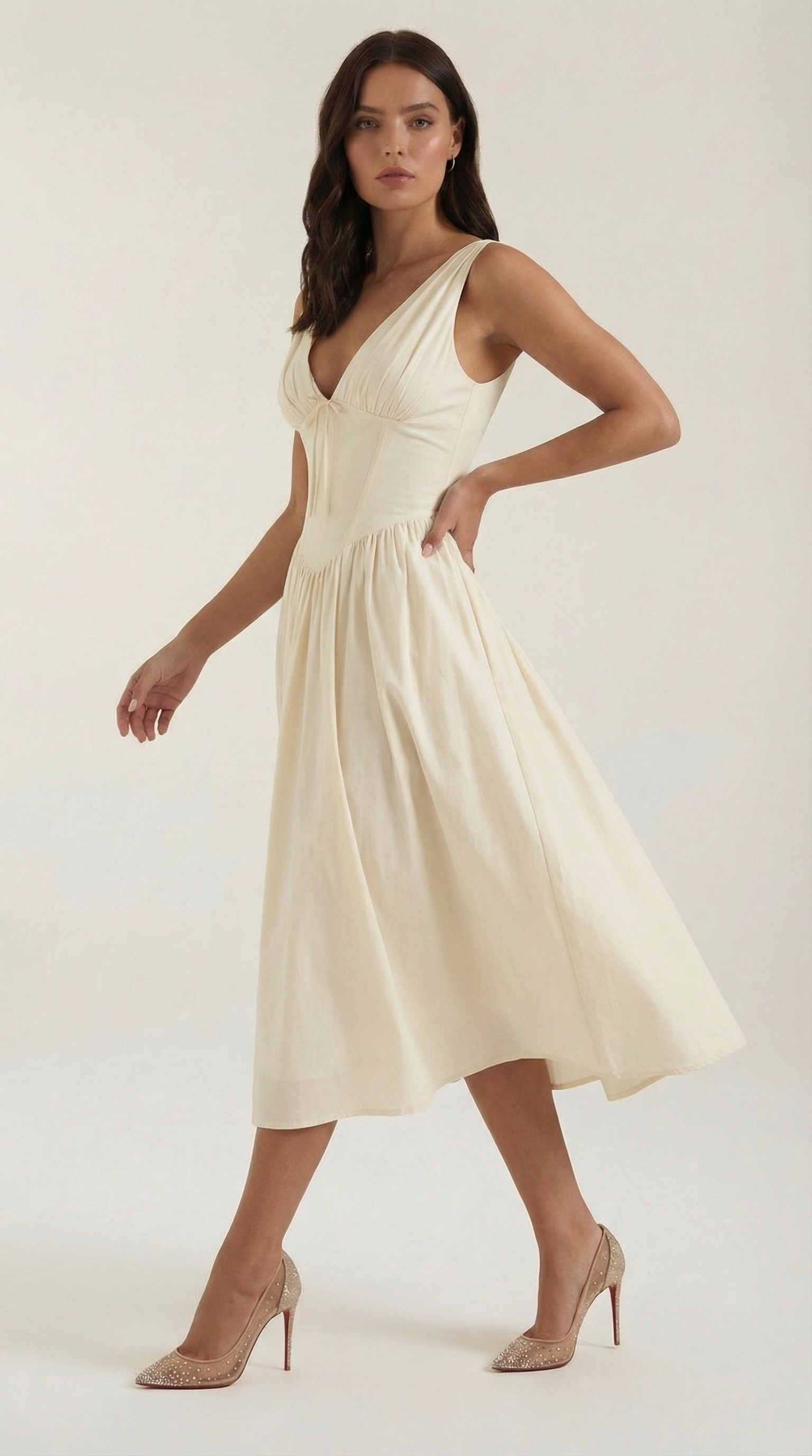 Midikleid Damen Tailliertes Oberteil V-Ausschnitt Geraffter Rock