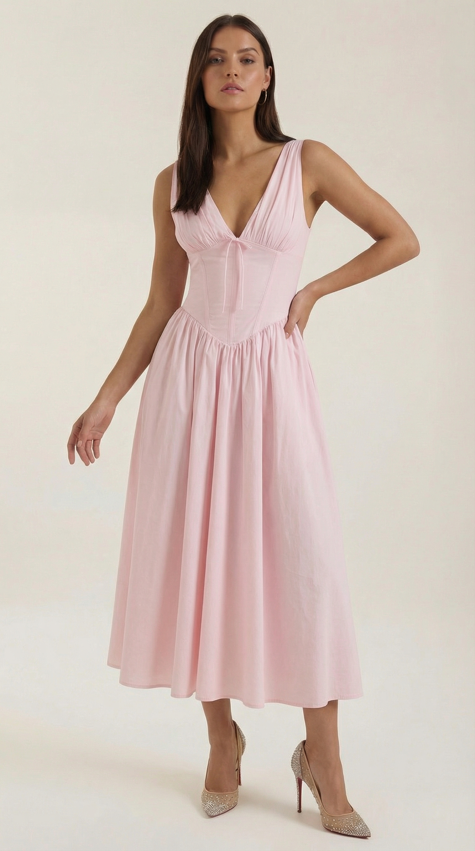 Midikleid Damen Tailliertes Oberteil V-Ausschnitt Geraffter Rock