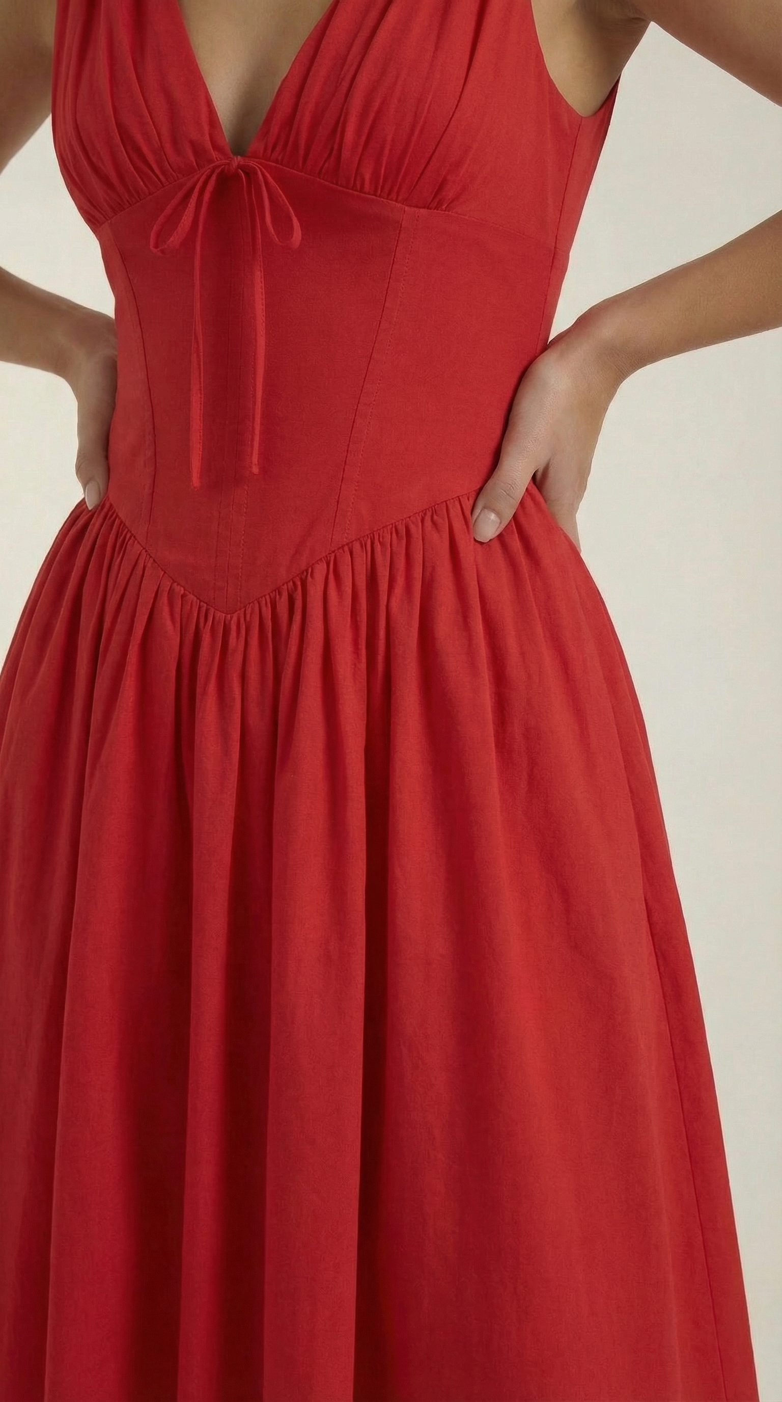 Midikleid Damen Tailliertes Oberteil V-Ausschnitt Geraffter Rock