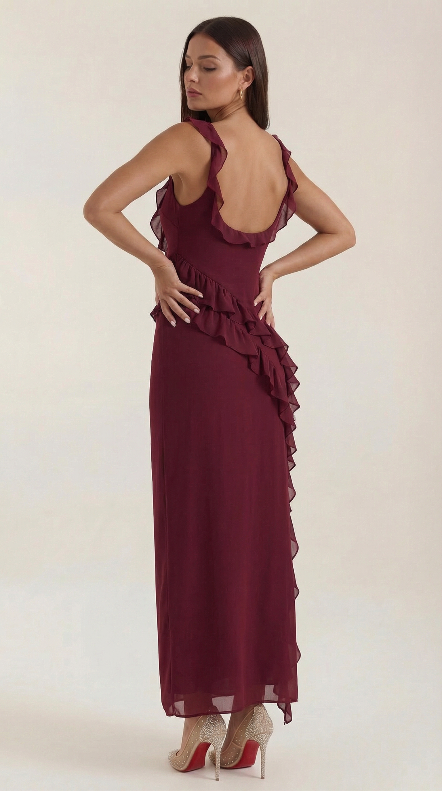 Maxikleid Damen Eckiger Ausschnitt Rueschen Asymmetrischer Schlitz