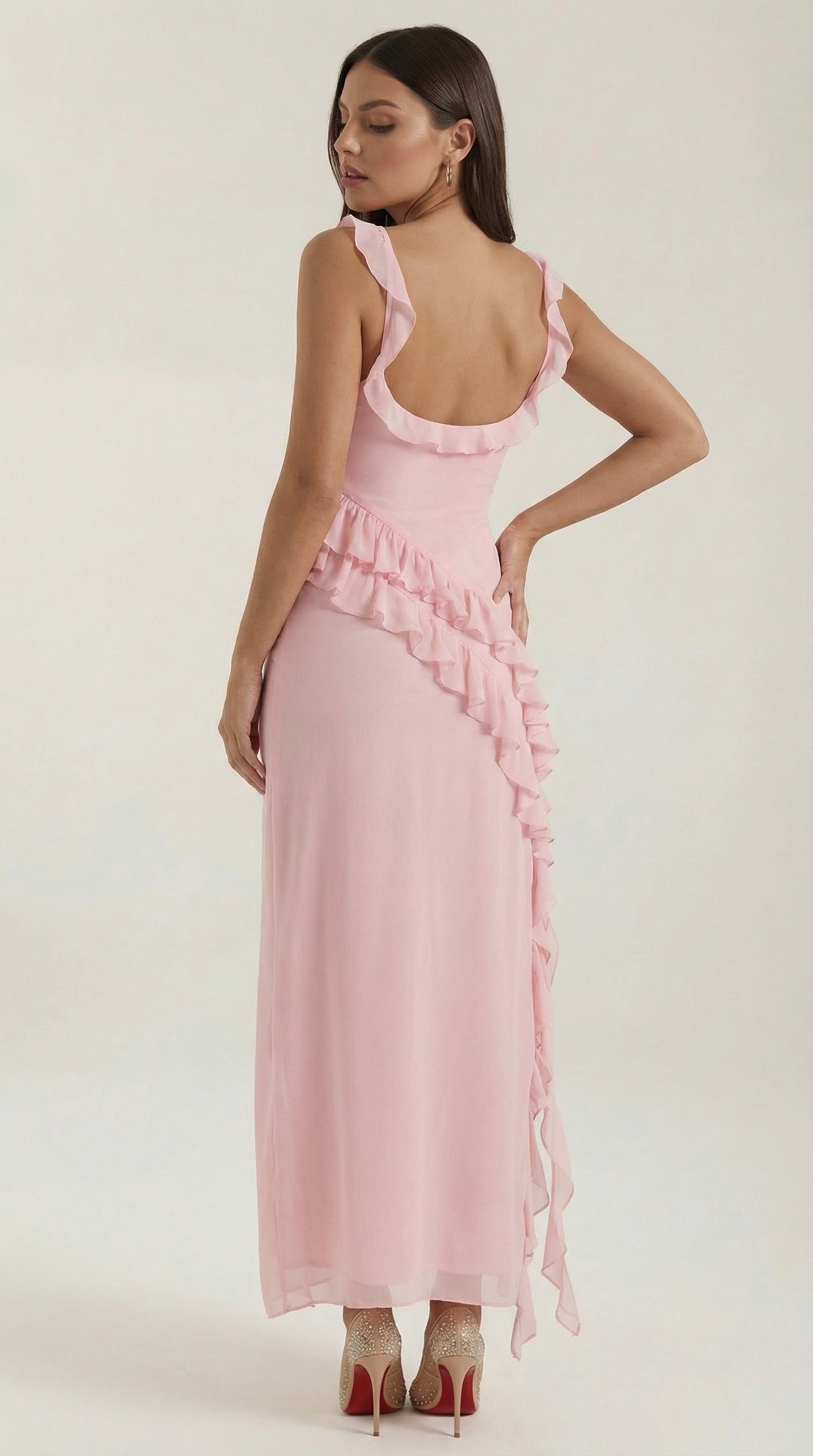 Maxikleid Damen Eckiger Ausschnitt Rueschen Asymmetrischer Schlitz