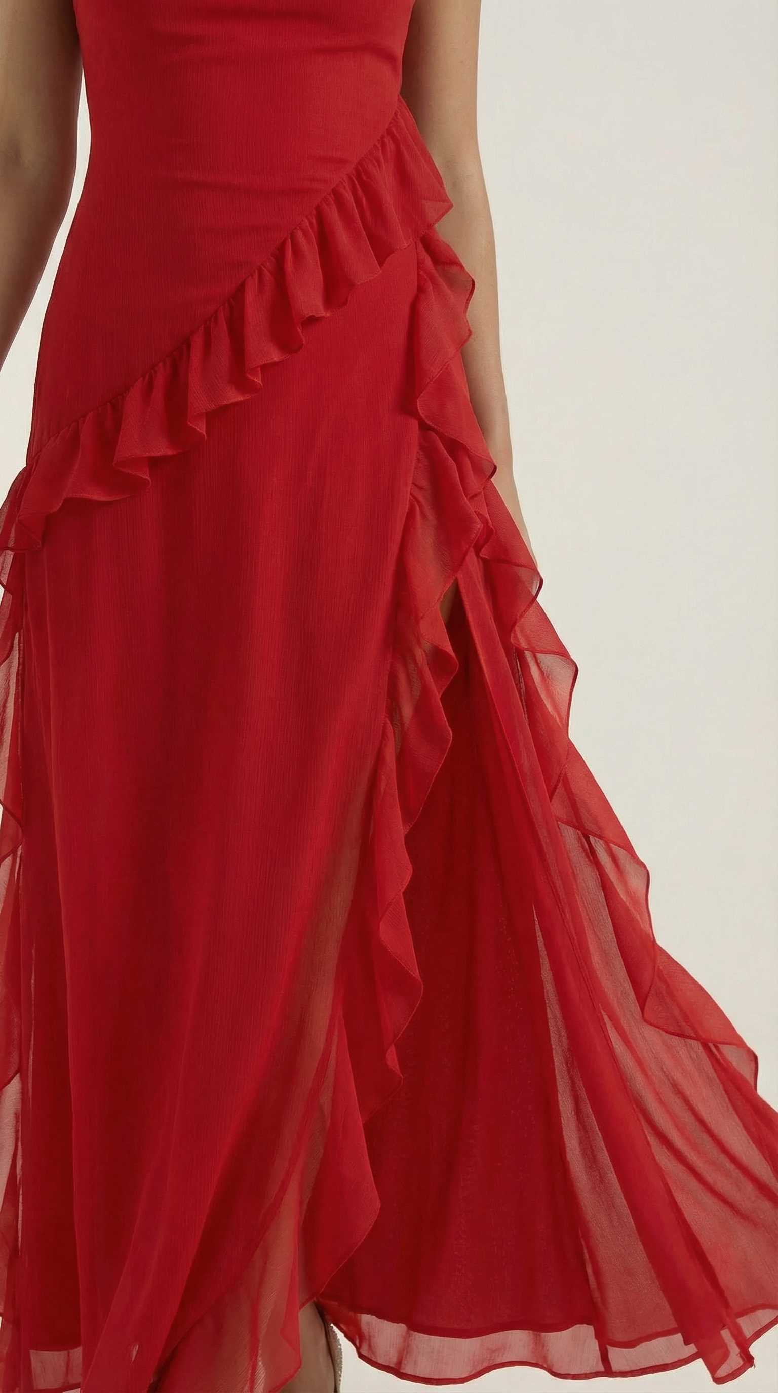 Maxikleid Damen Eckiger Ausschnitt Rueschen Asymmetrischer Schlitz
