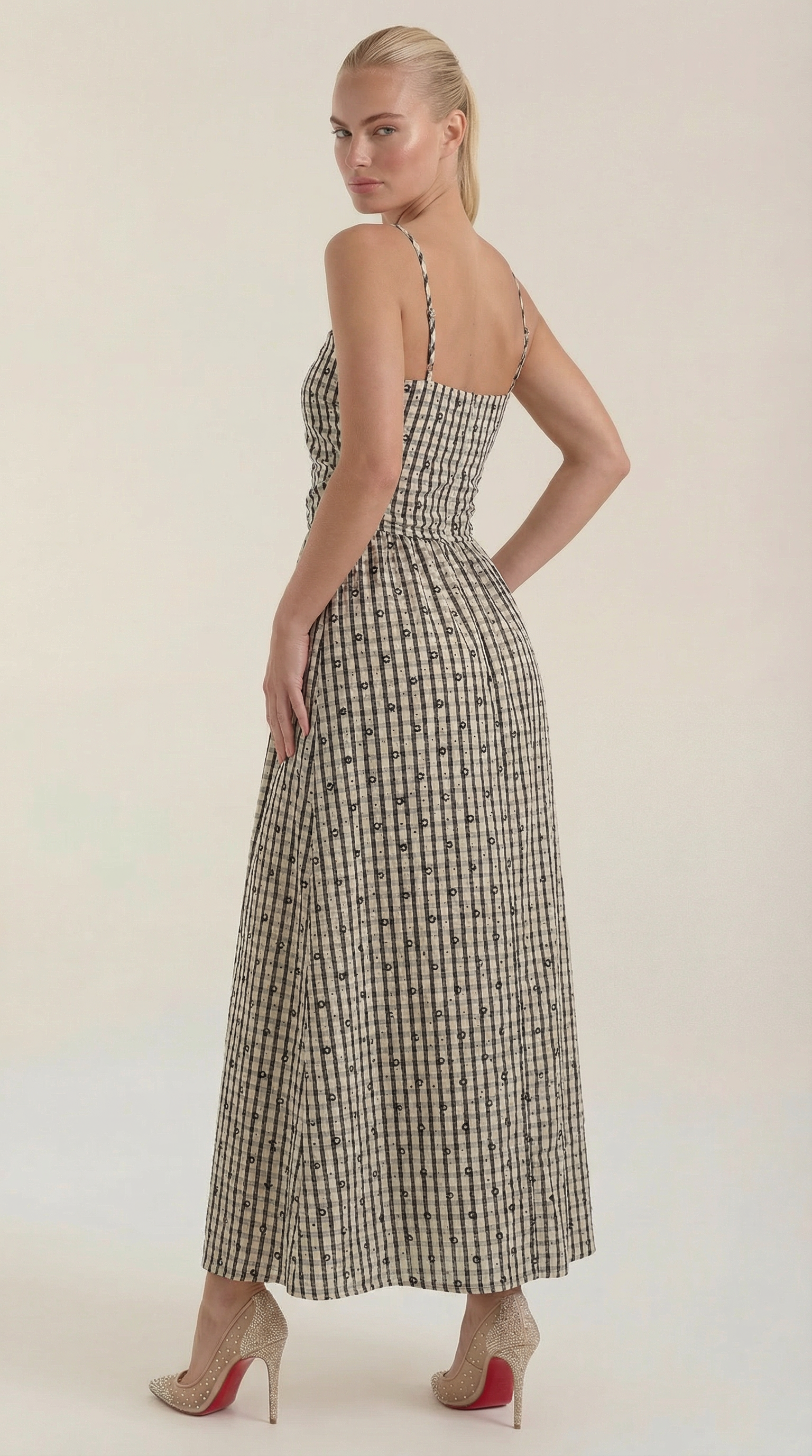 Sommerkleid Damen Midi Aermellos Karomuster Eckiger Ausschnitt