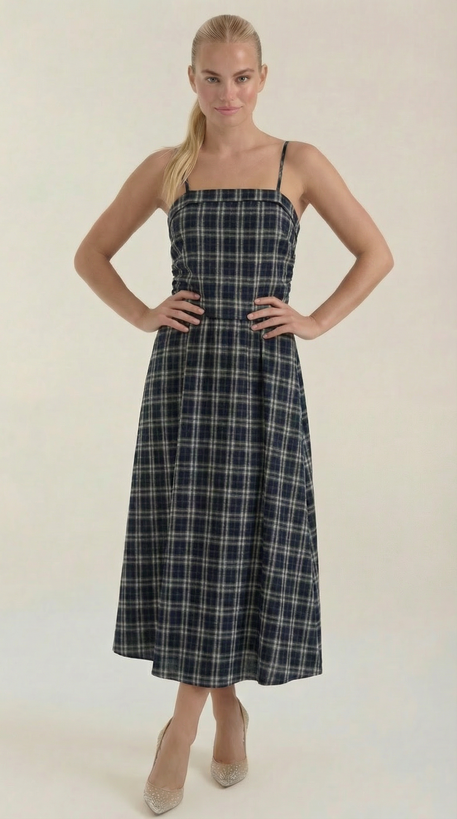 Sommerkleid Damen Midi Aermellos Karomuster Eckiger Ausschnitt