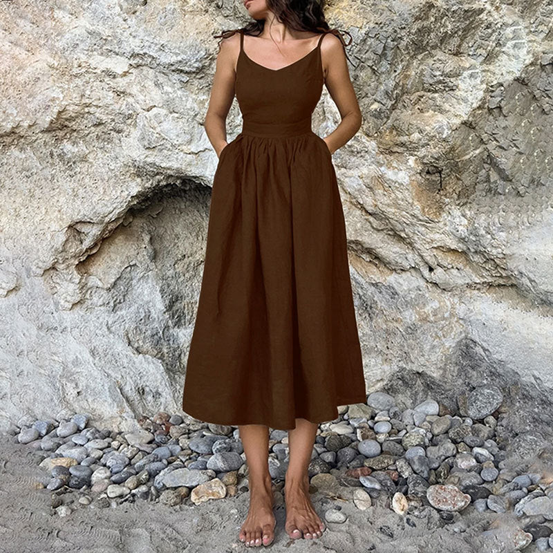 Damen Midikleid V-Ausschnitt Offener Ruecken Verstellbar Seitenschlitz