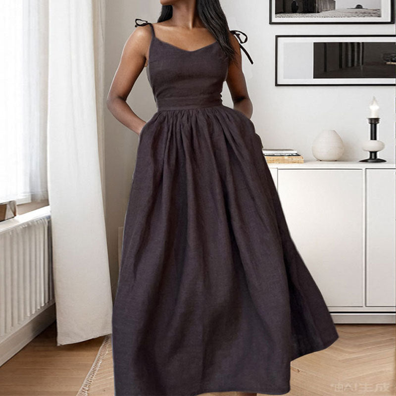 Damen Midikleid V-Ausschnitt Offener Ruecken Verstellbar Seitenschlitz