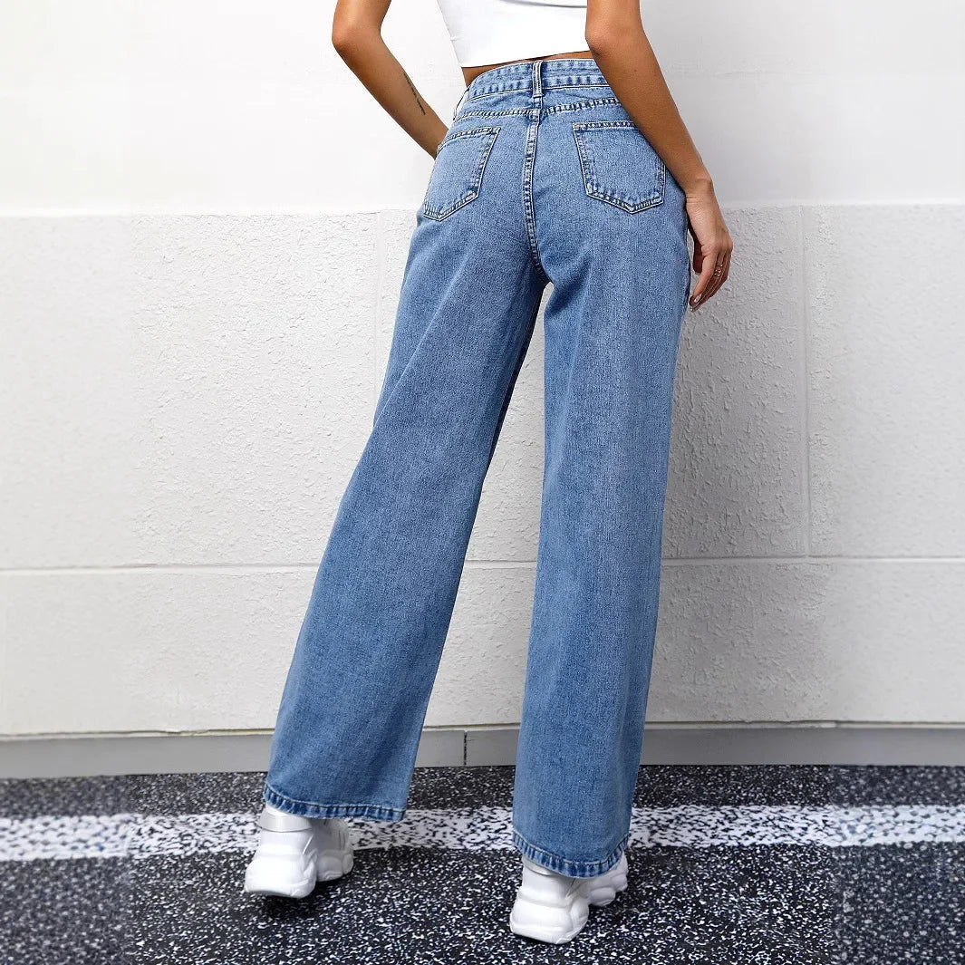 Damen Jeans Hohe Taille Gerades Bein