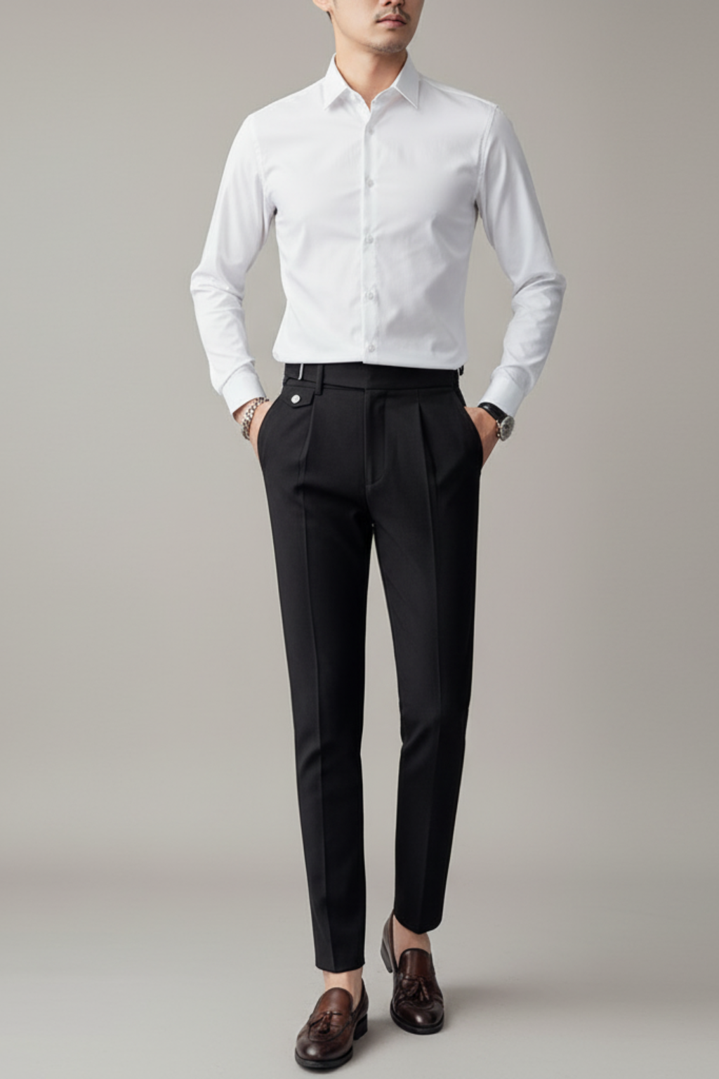 Hose Herren Schmale Passform Bundfalten Taillenriegel