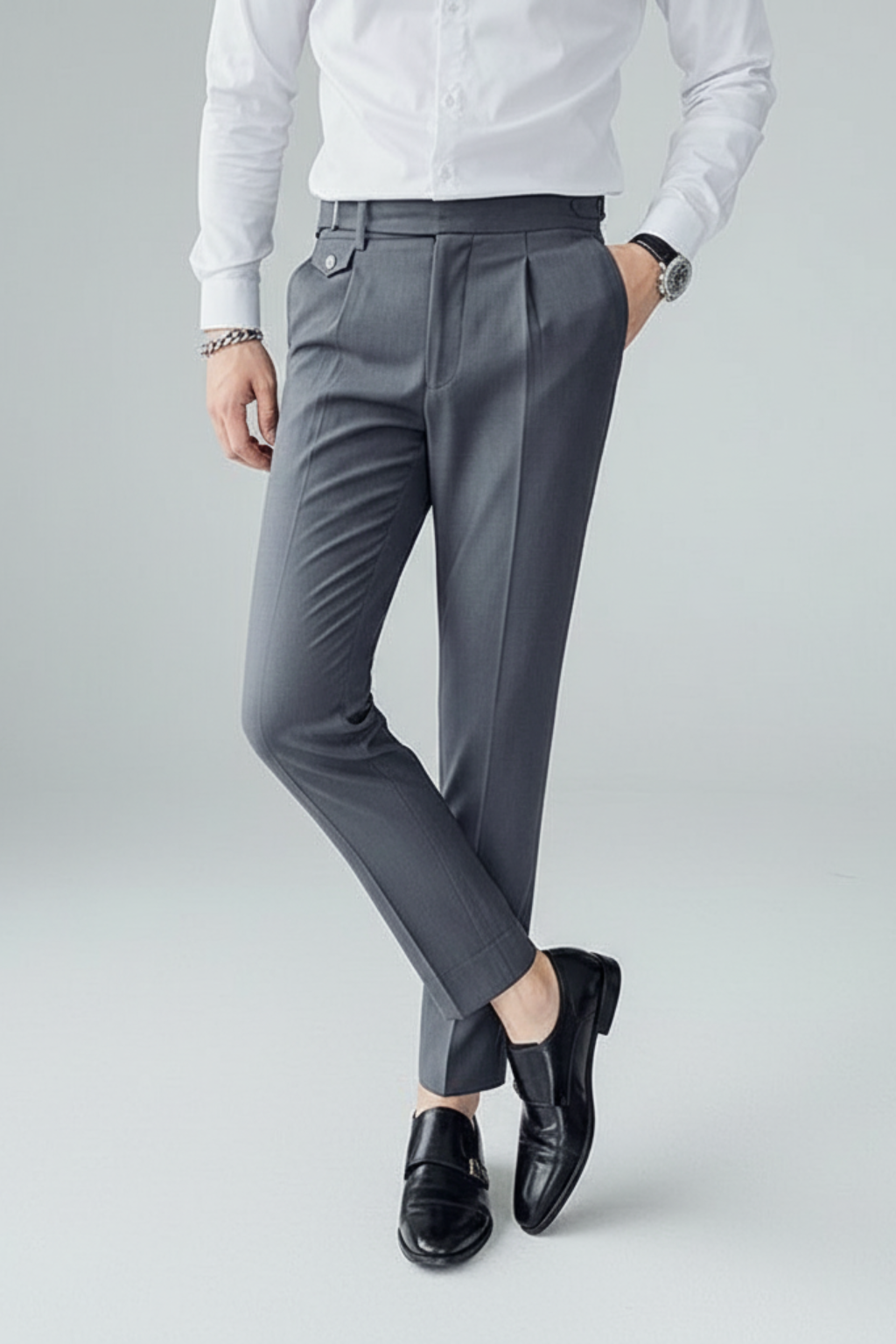 Hose Herren Schmale Passform Bundfalten Taillenriegel