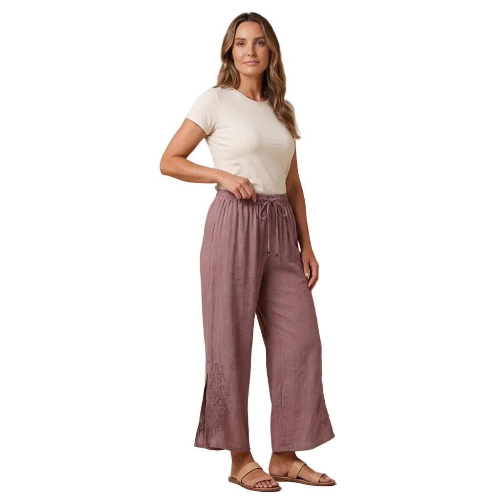 Hose Damen – Weites Bein, Stickerei & elastischer Kordelzug