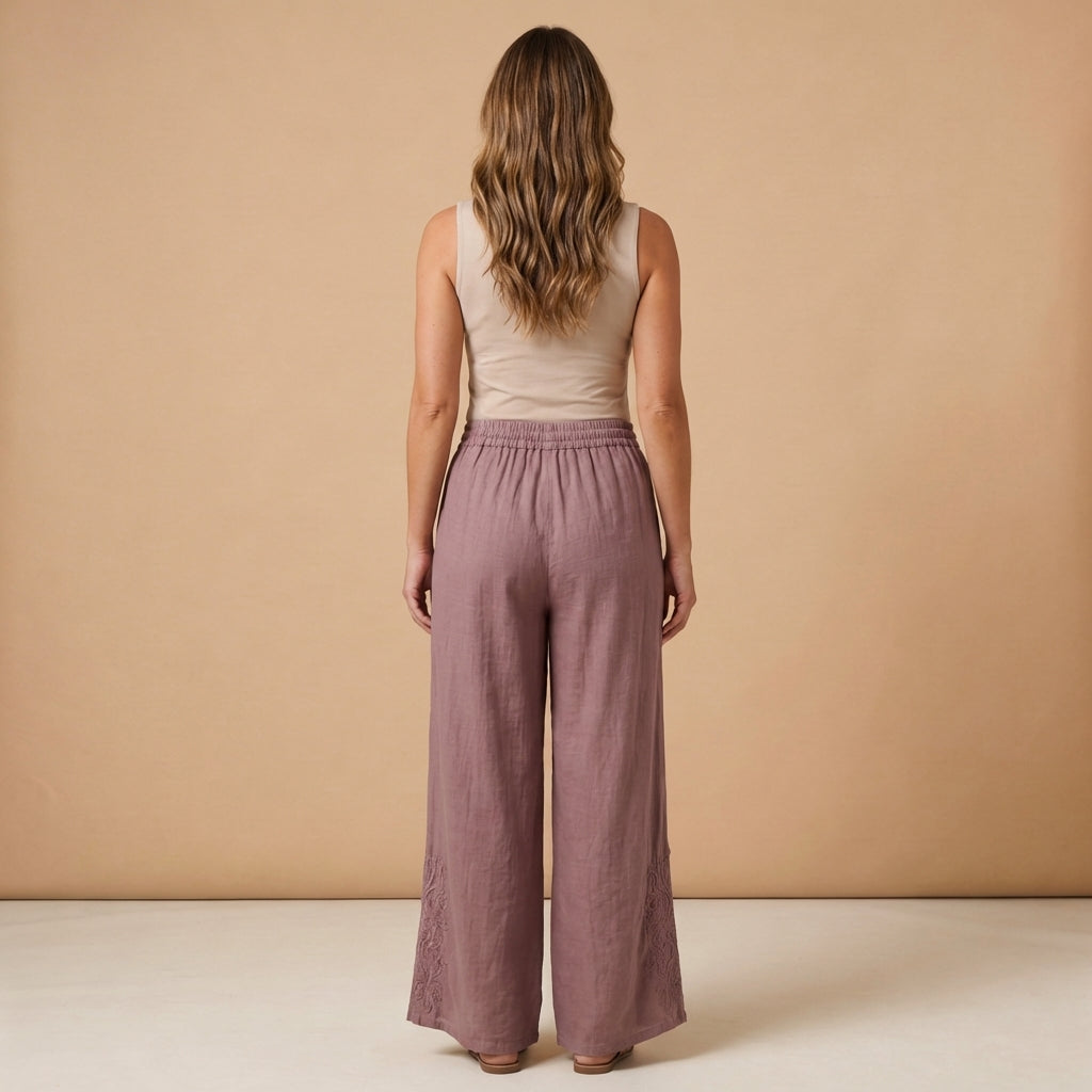 Hose Damen – Weites Bein, Stickerei & elastischer Kordelzug