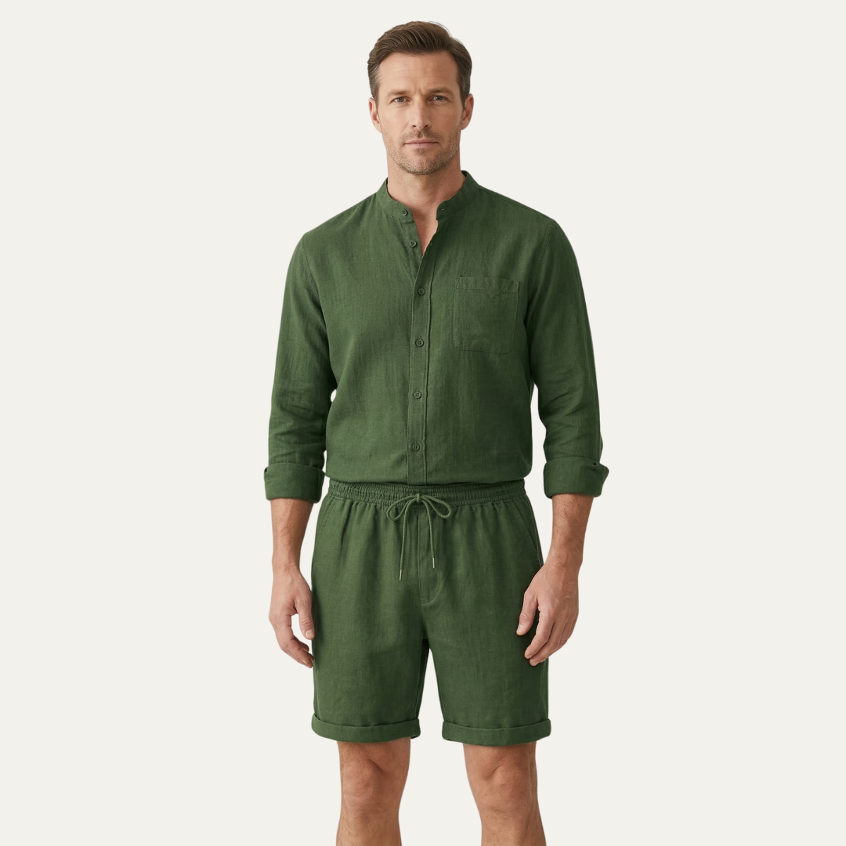Leinen Set Herren Hemd Shorts Lockere Passform Baumwoll Leinen