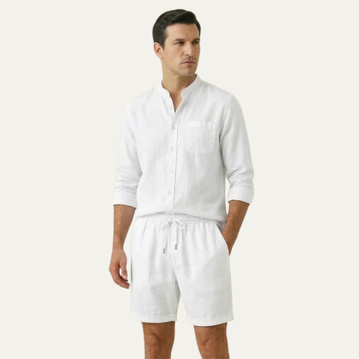 Leinen Set Herren Hemd Shorts Lockere Passform Baumwoll Leinen