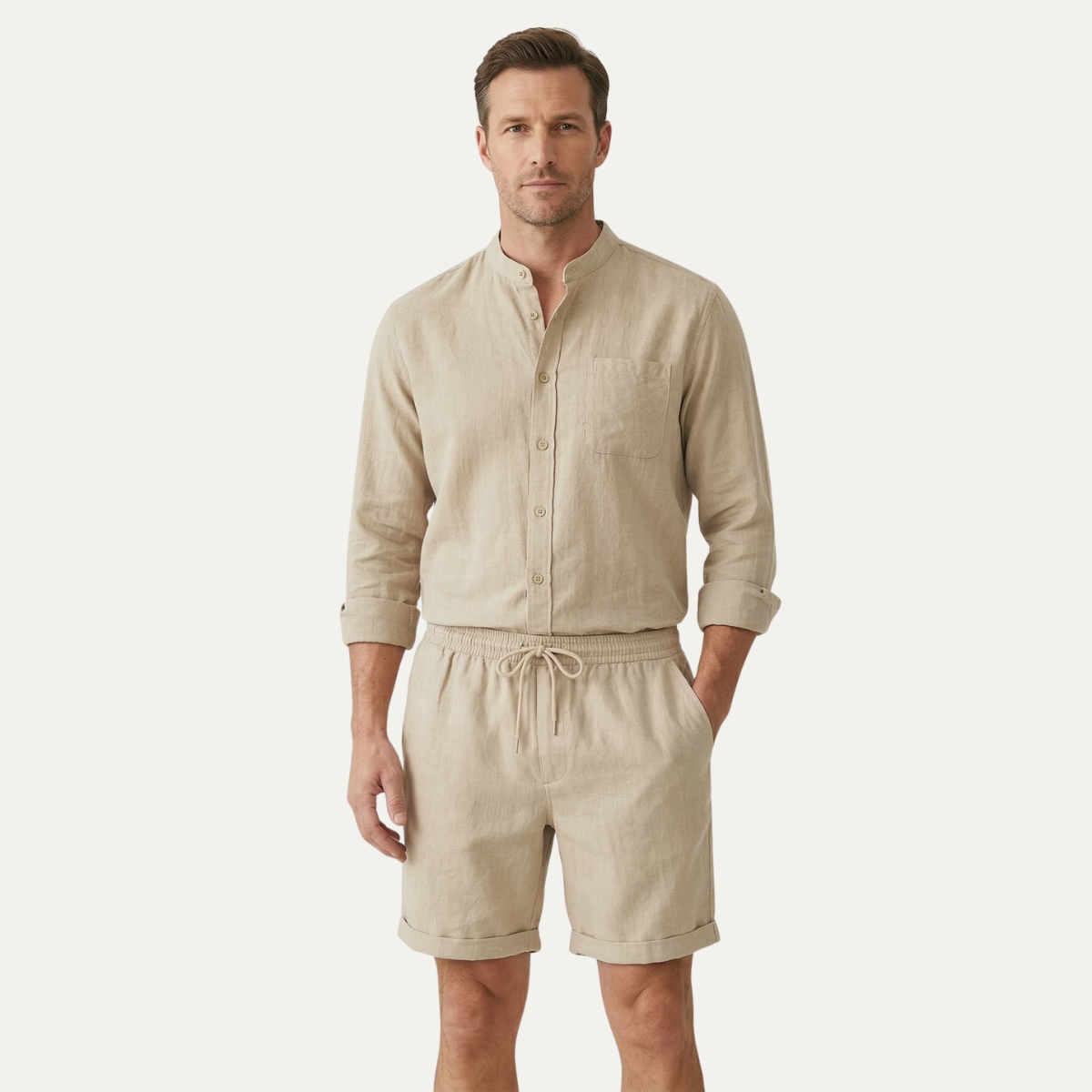 Leinen Set Herren Hemd Shorts Lockere Passform Baumwoll Leinen