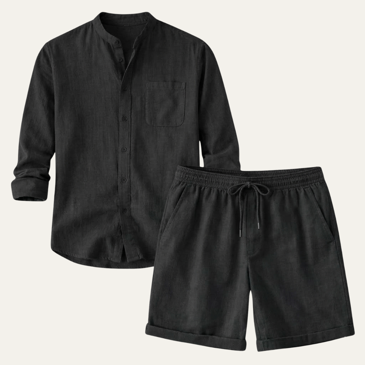 Leinen Set Herren Hemd Shorts Lockere Passform Baumwoll Leinen