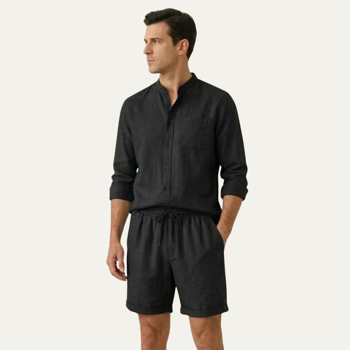 Leinen Set Herren Hemd Shorts Lockere Passform Baumwoll Leinen