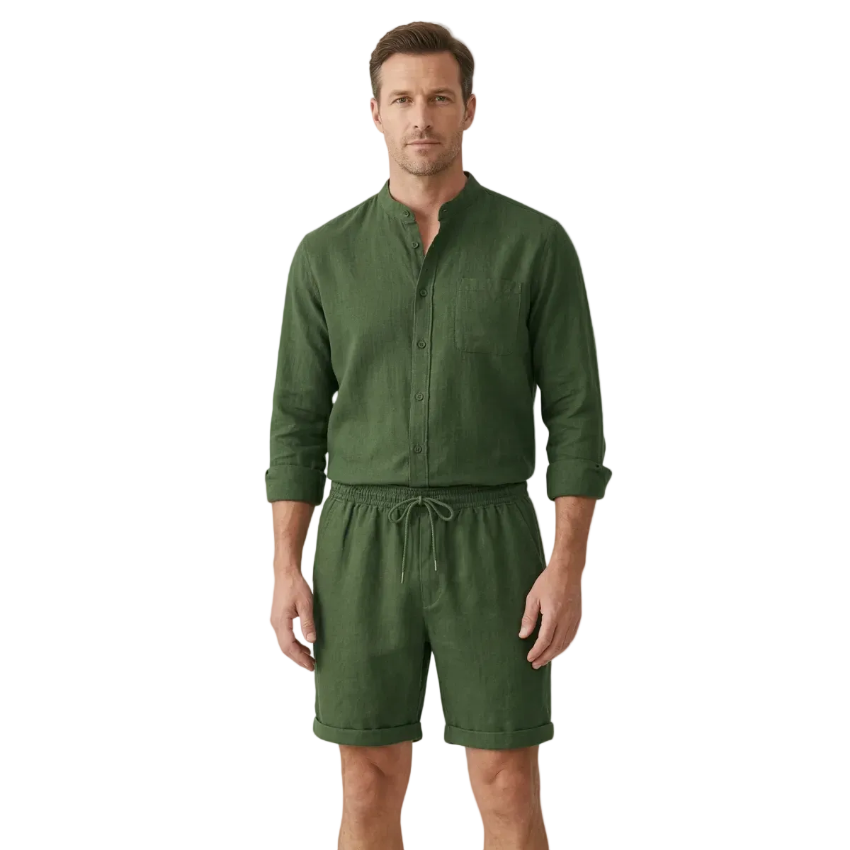 Leinen Set Herren Hemd Shorts Lockere Passform Baumwoll Leinen