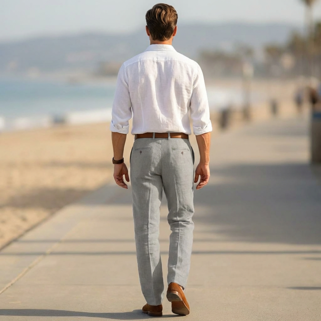 Leinen Stoffhose Herren – Gürtelschlaufen & Reißverschluss
