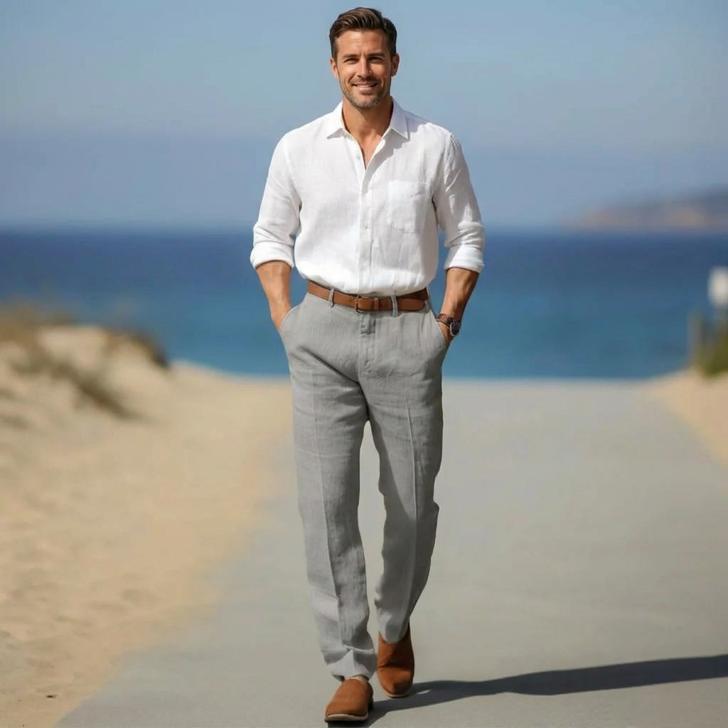 Leinen Stoffhose Herren – Gürtelschlaufen & Reißverschluss