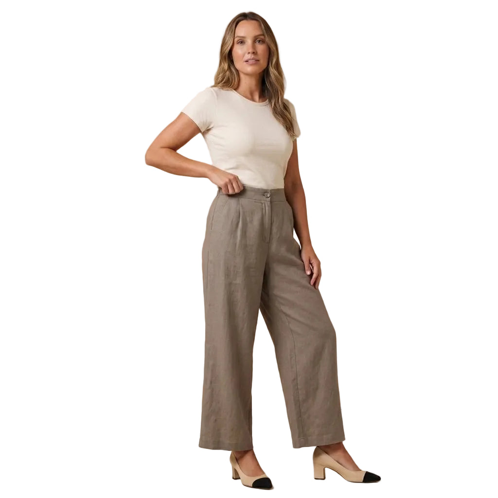 Leinenhose Damen Hohe Taille Weiter Beinverlauf Falten