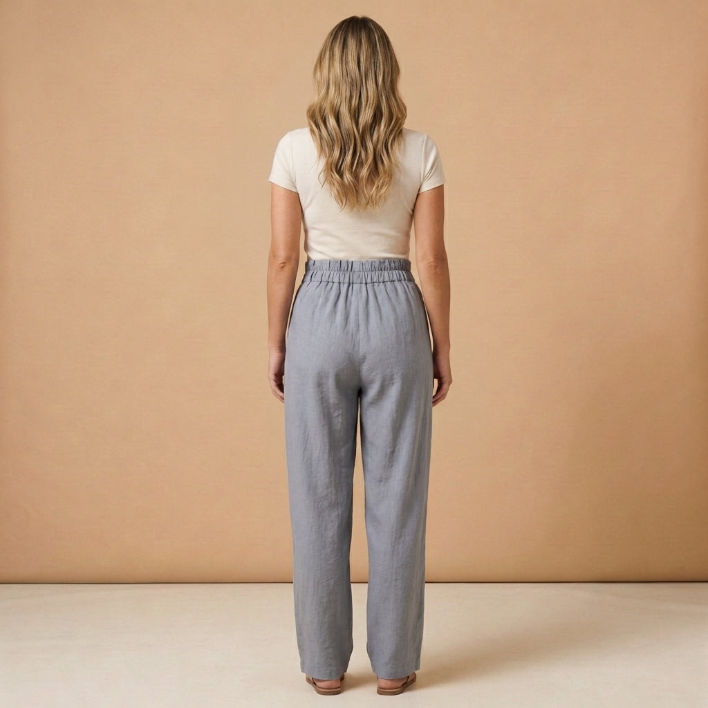 Leinenhose Damen Hoher Bund Weiter Schnitt Gerader Beinverlauf