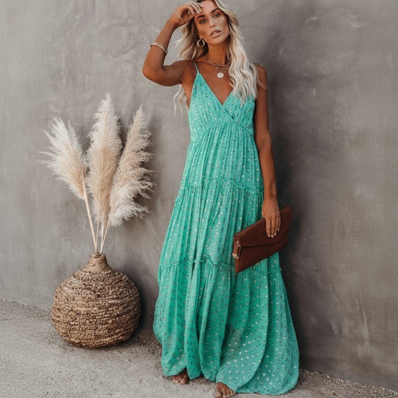 Maxikleid Damen Ärmellos Gerader Schnitt Sommer Stil