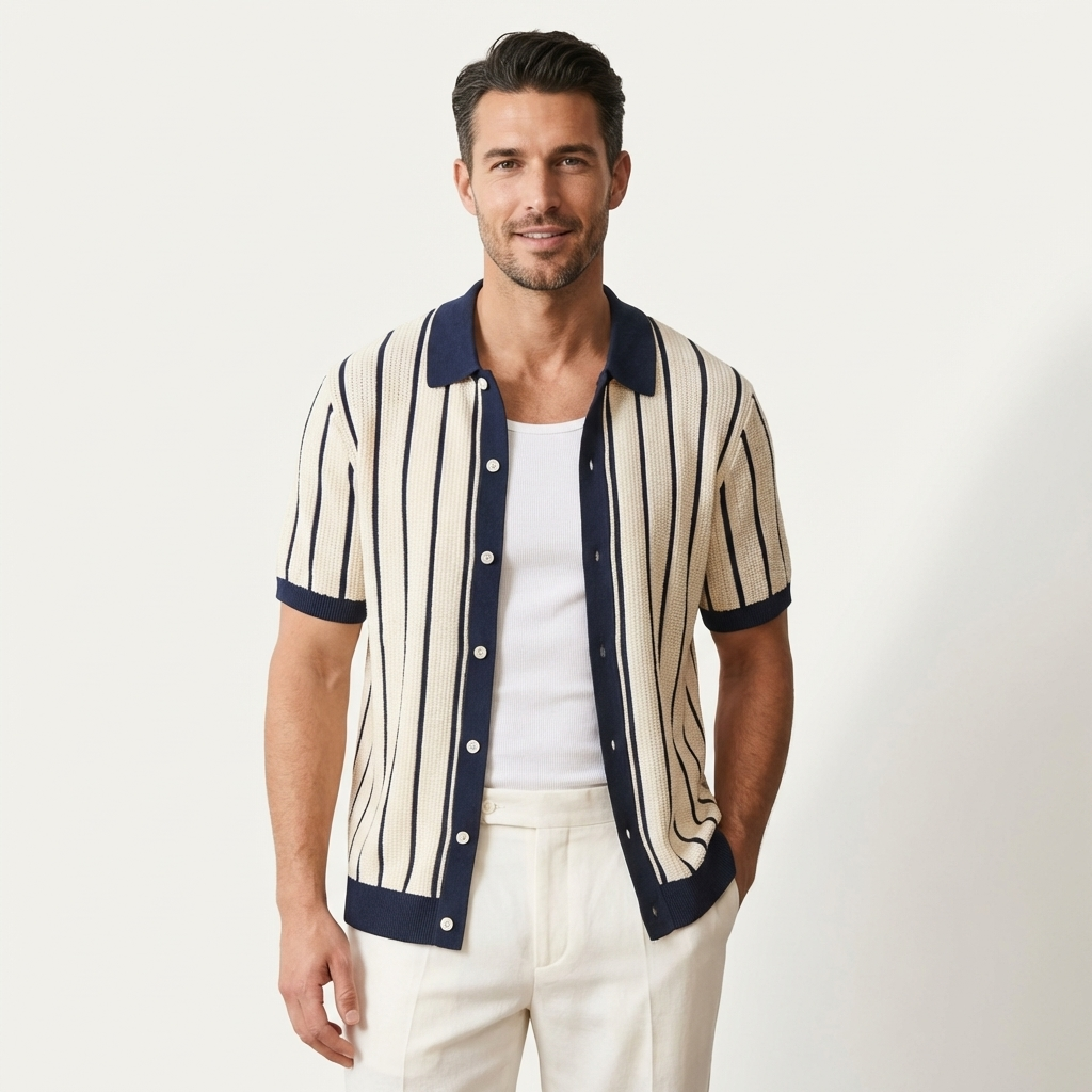 Poloshirt Herren Strickoptik Knopfleiste Klassischer Stil