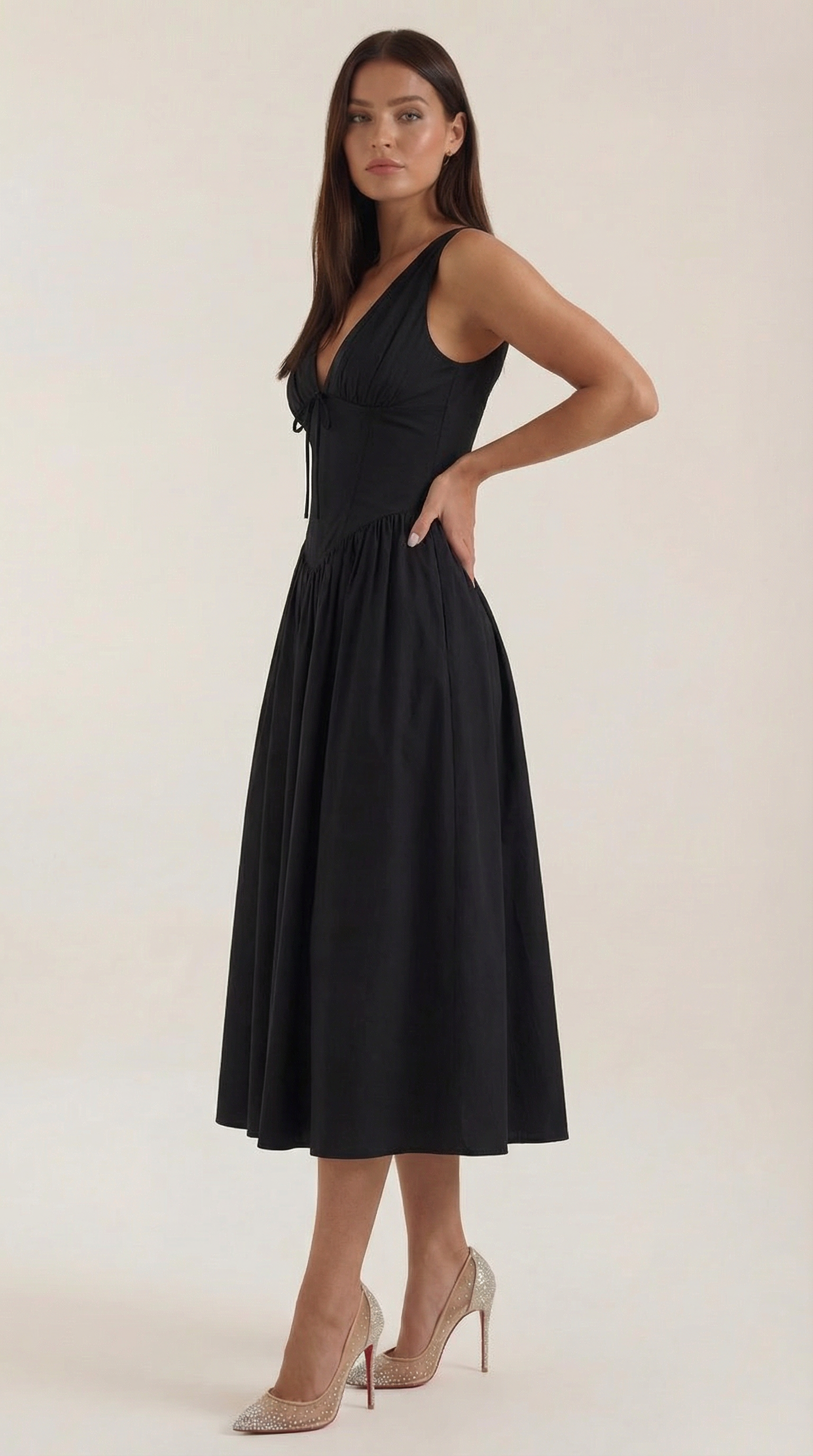 Midikleid Damen Tailliertes Oberteil V-Ausschnitt Geraffter Rock