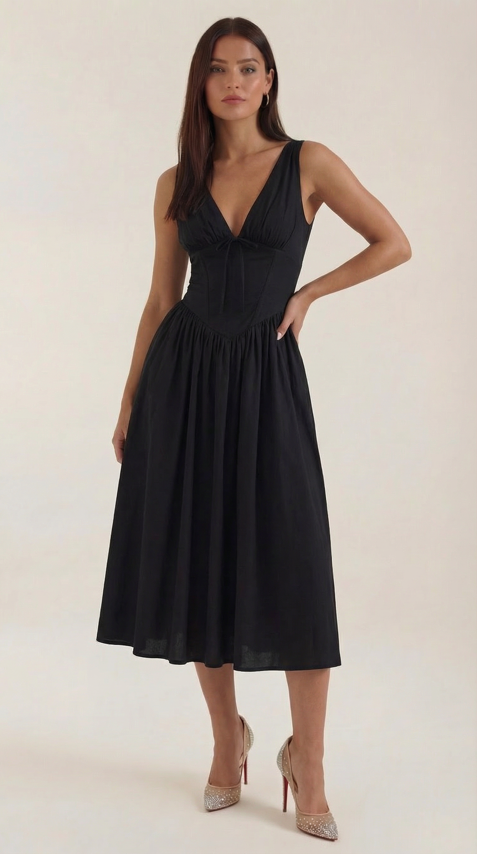 Midikleid Damen Tailliertes Oberteil V-Ausschnitt Geraffter Rock