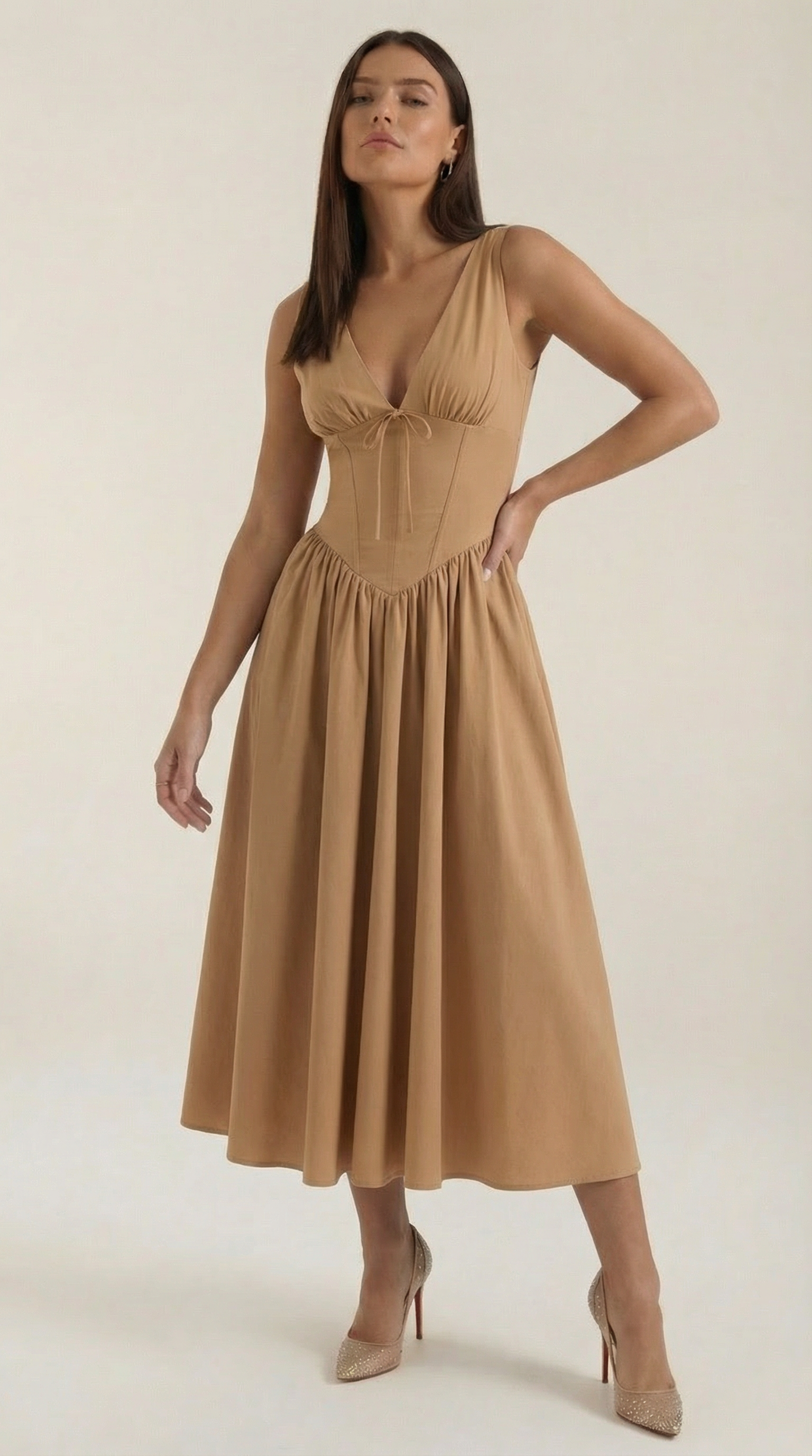 Midikleid Damen Tailliertes Oberteil V-Ausschnitt Geraffter Rock