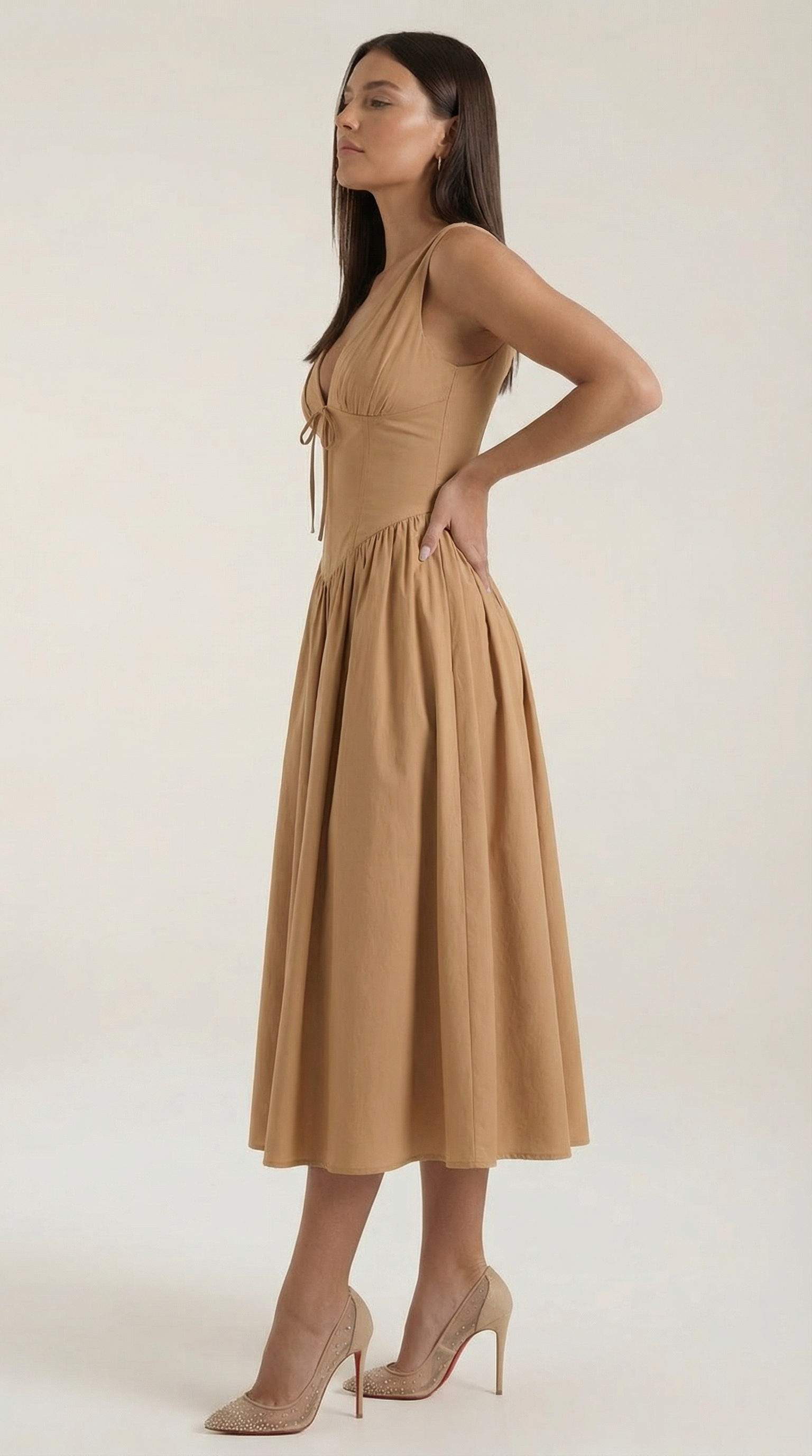Midikleid Damen Tailliertes Oberteil V-Ausschnitt Geraffter Rock