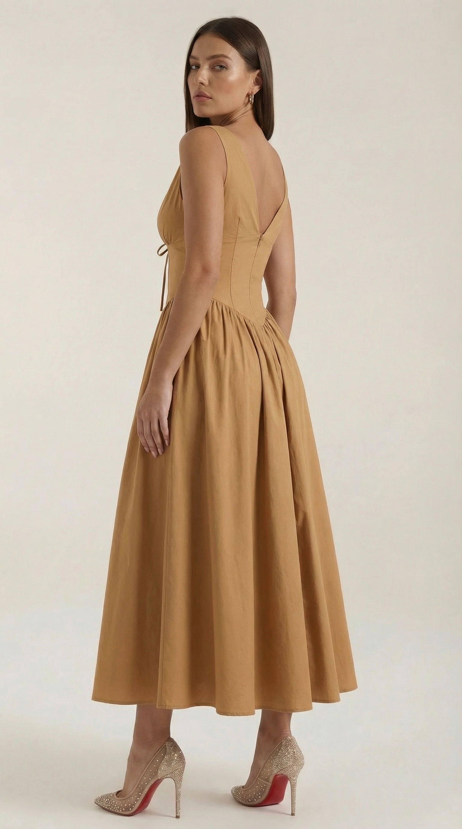 Midikleid Damen Tailliertes Oberteil V-Ausschnitt Geraffter Rock
