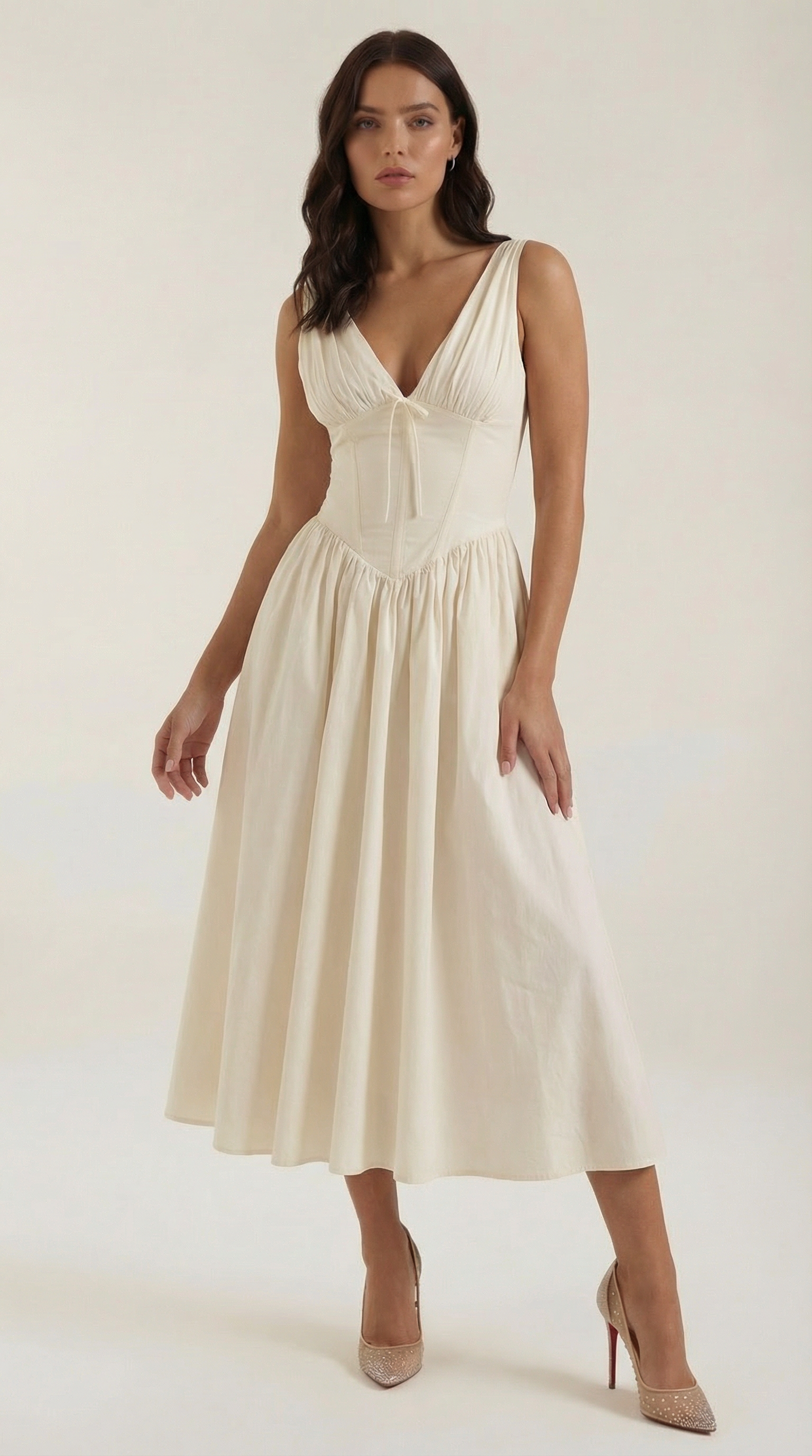 Midikleid Damen Tailliertes Oberteil V-Ausschnitt Geraffter Rock