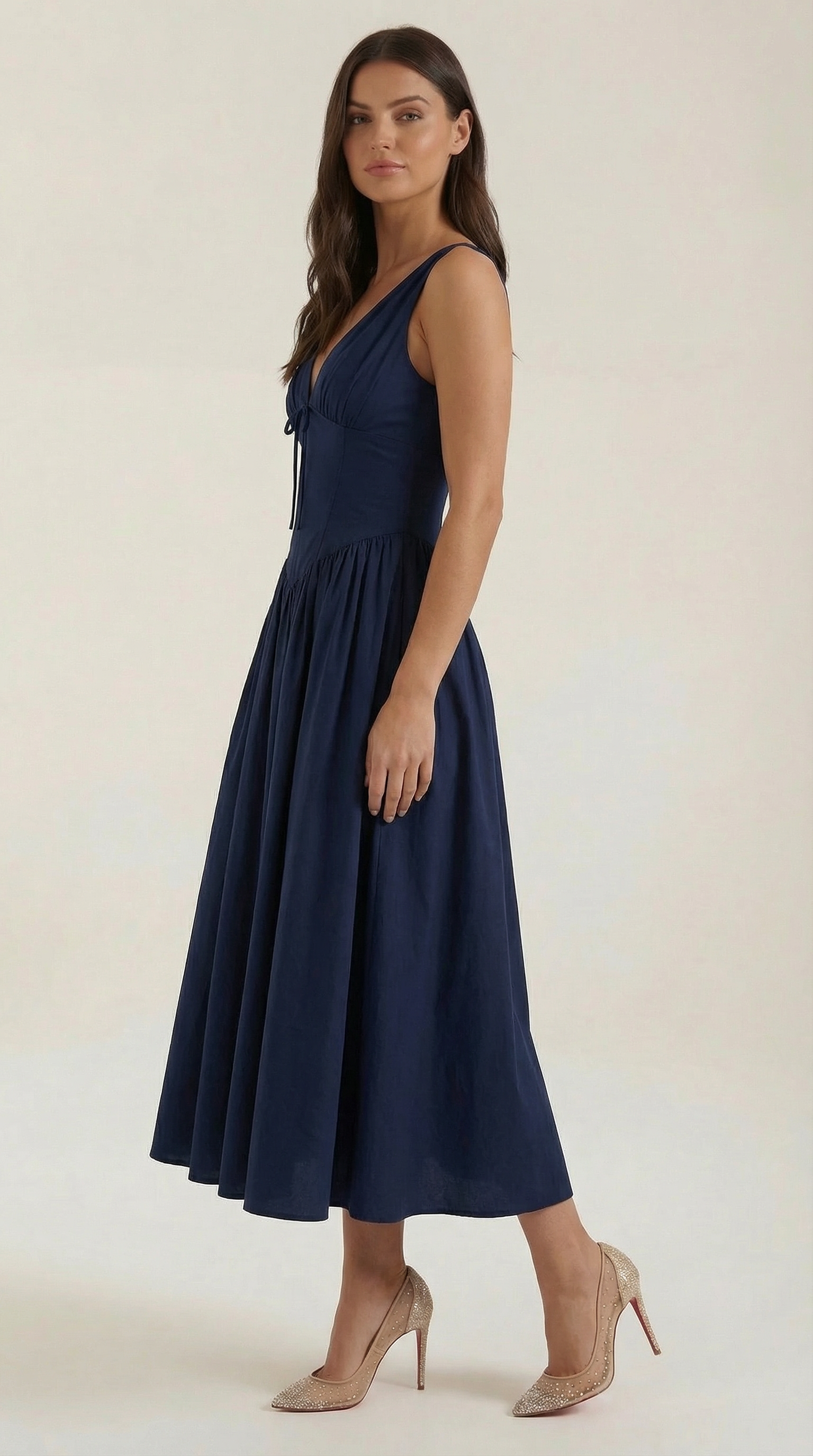 Midikleid Damen Tailliertes Oberteil V-Ausschnitt Geraffter Rock