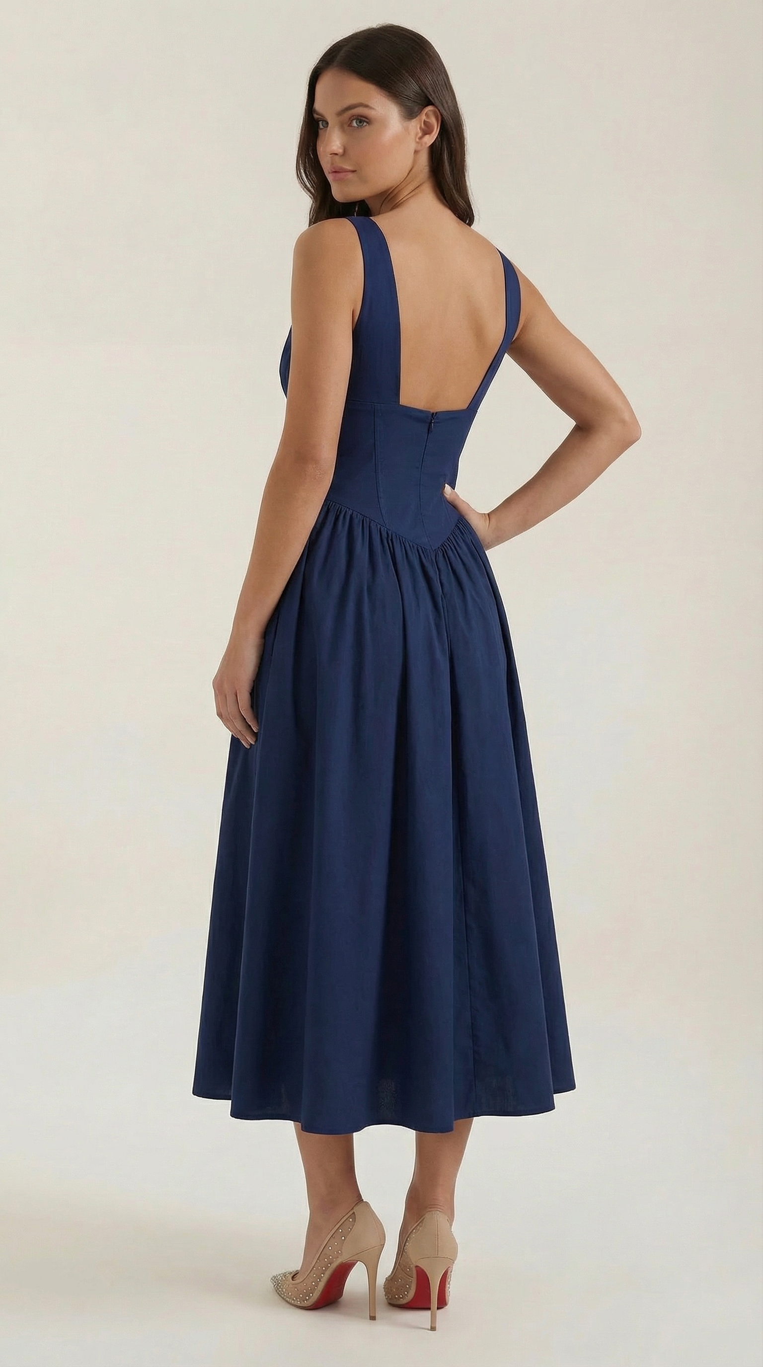 Midikleid Damen Tailliertes Oberteil V-Ausschnitt Geraffter Rock