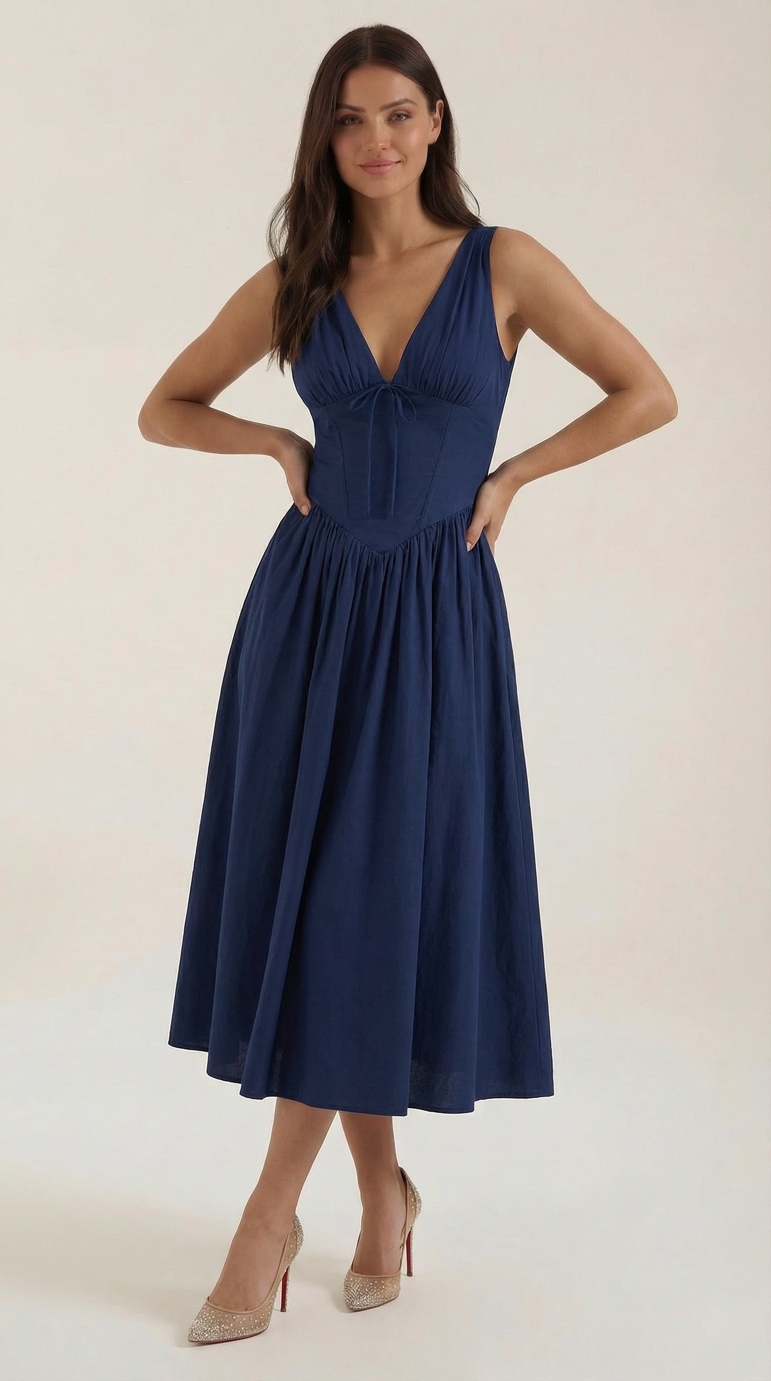 Midikleid Damen Tailliertes Oberteil V-Ausschnitt Geraffter Rock