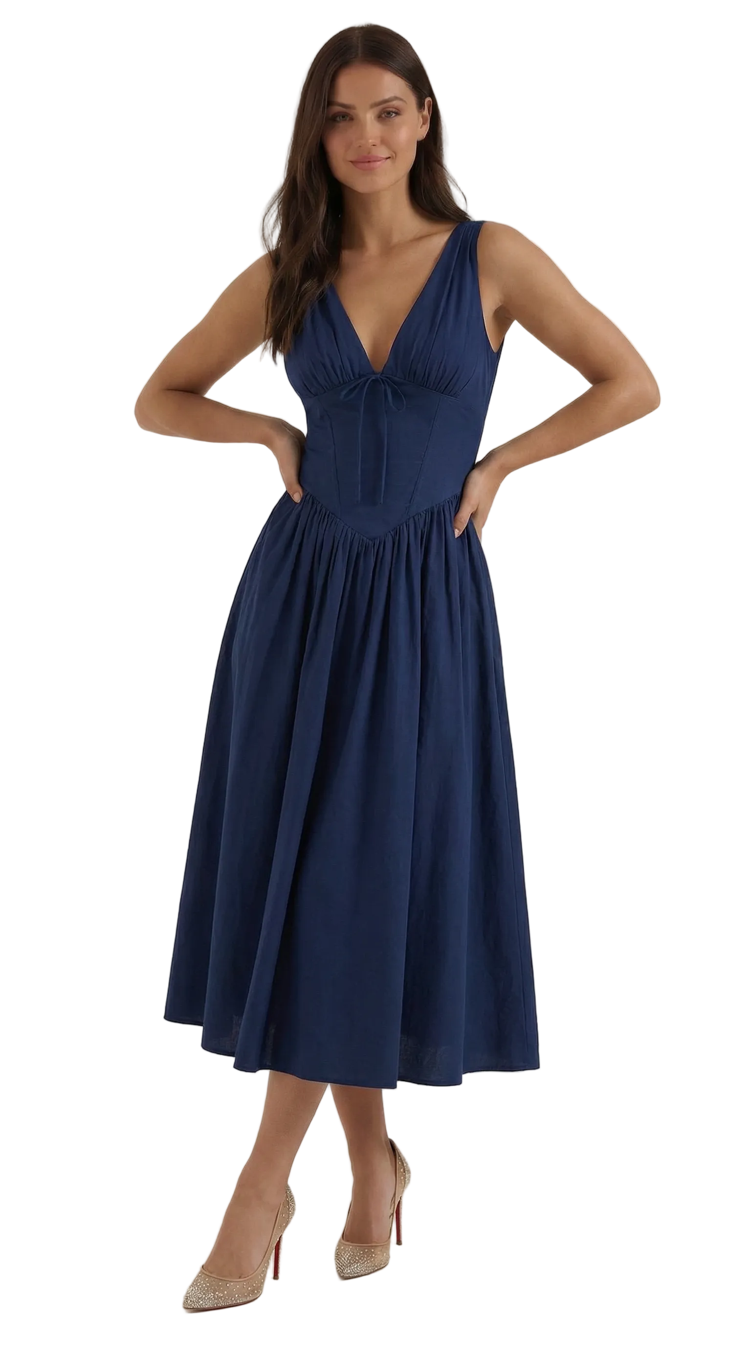 Midikleid Damen Tailliertes Oberteil V-Ausschnitt Geraffter Rock