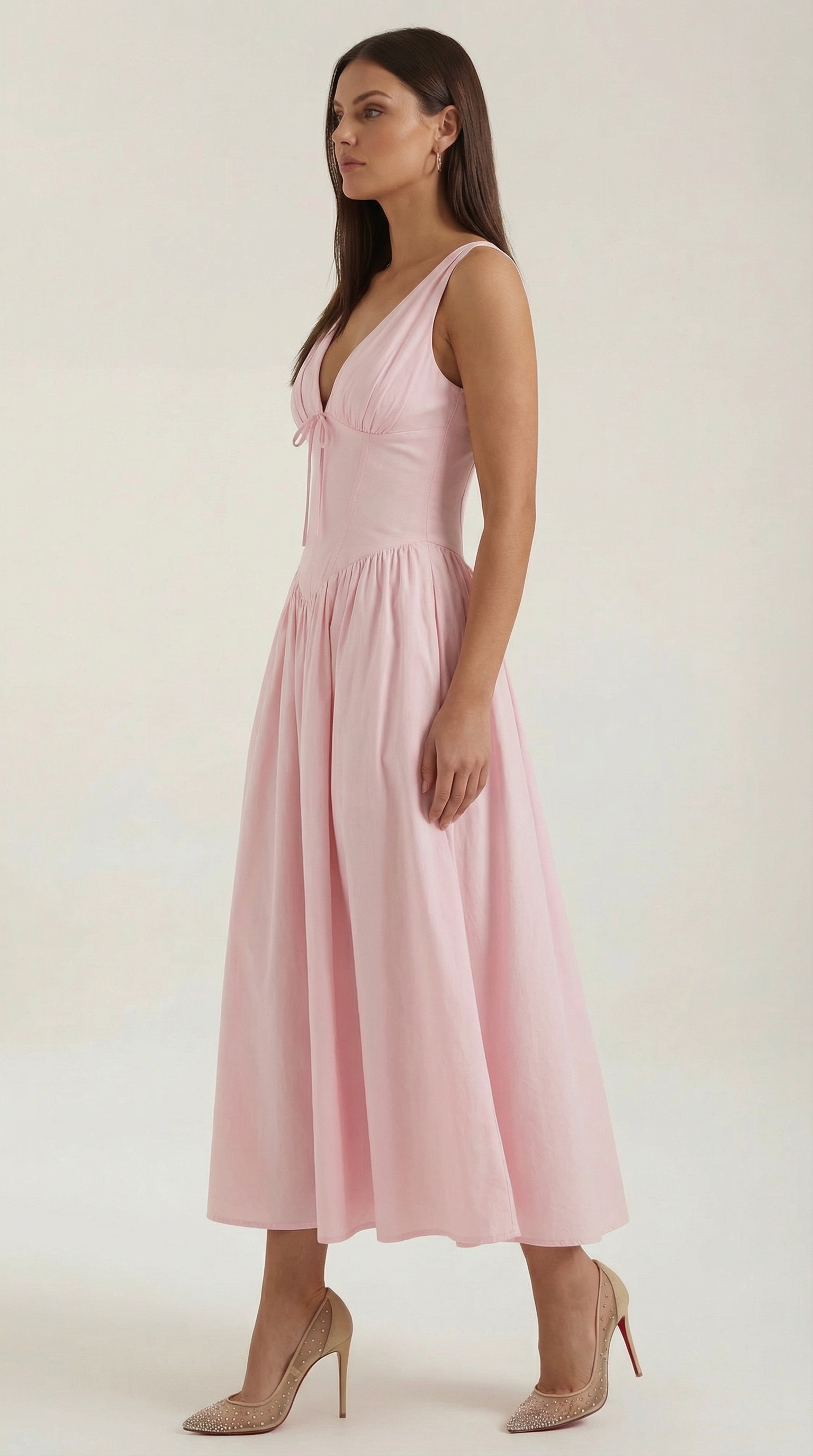 Midikleid Damen Tailliertes Oberteil V-Ausschnitt Geraffter Rock