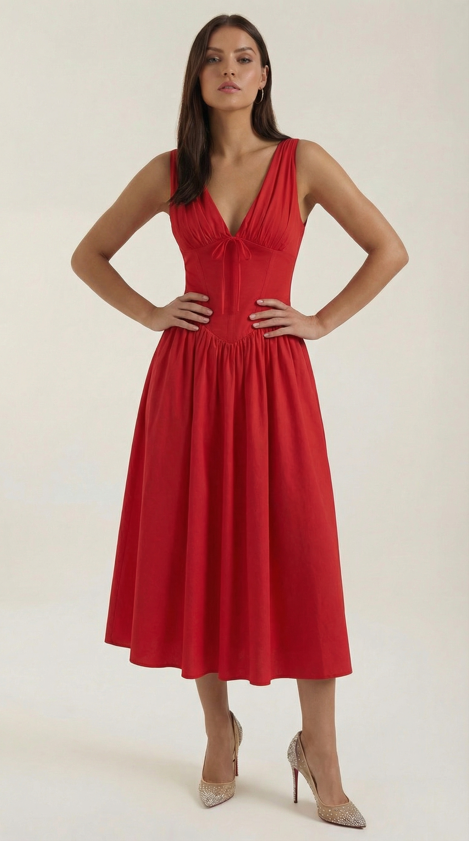 Midikleid Damen Tailliertes Oberteil V-Ausschnitt Geraffter Rock