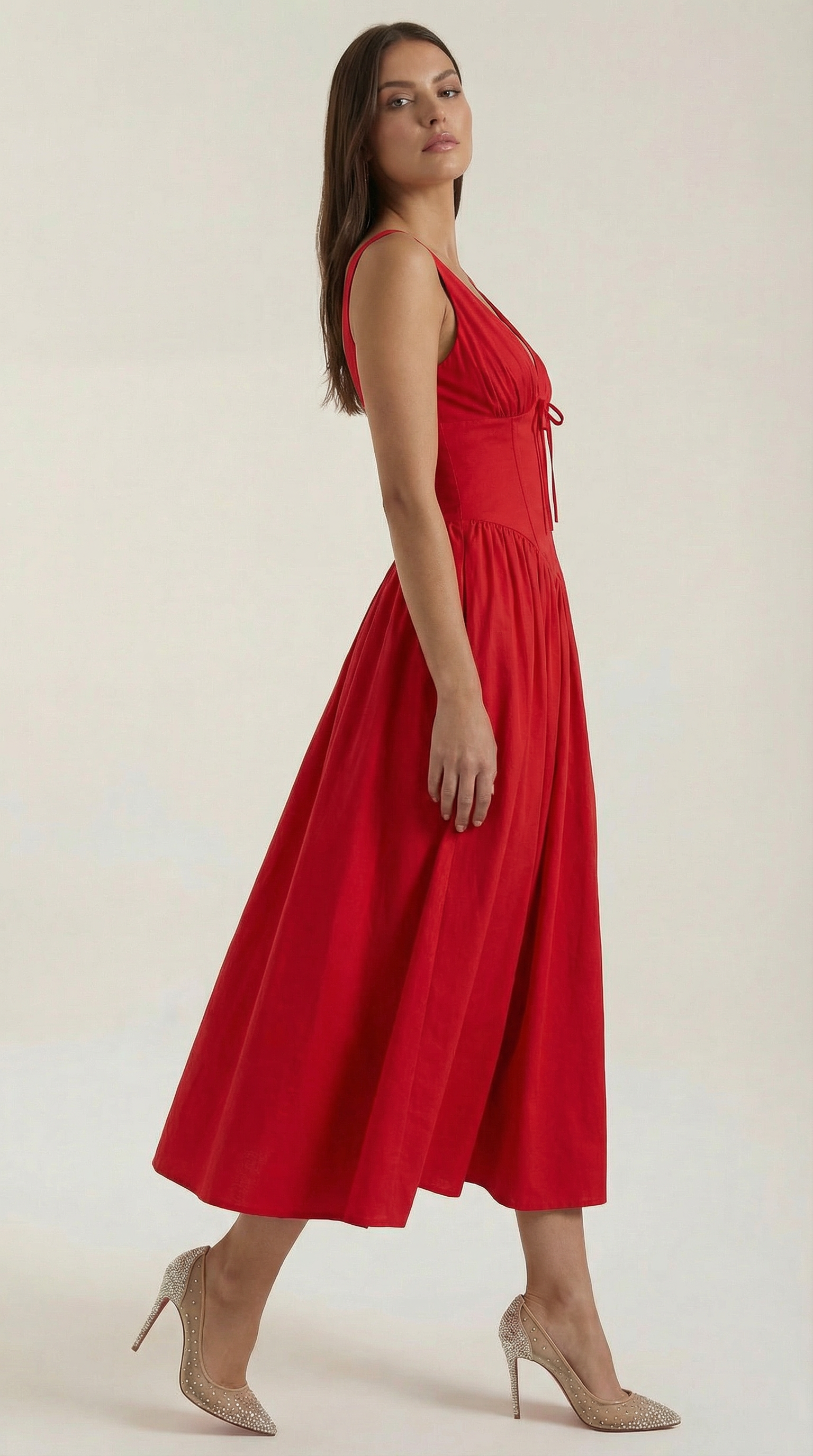 Midikleid Damen Tailliertes Oberteil V-Ausschnitt Geraffter Rock