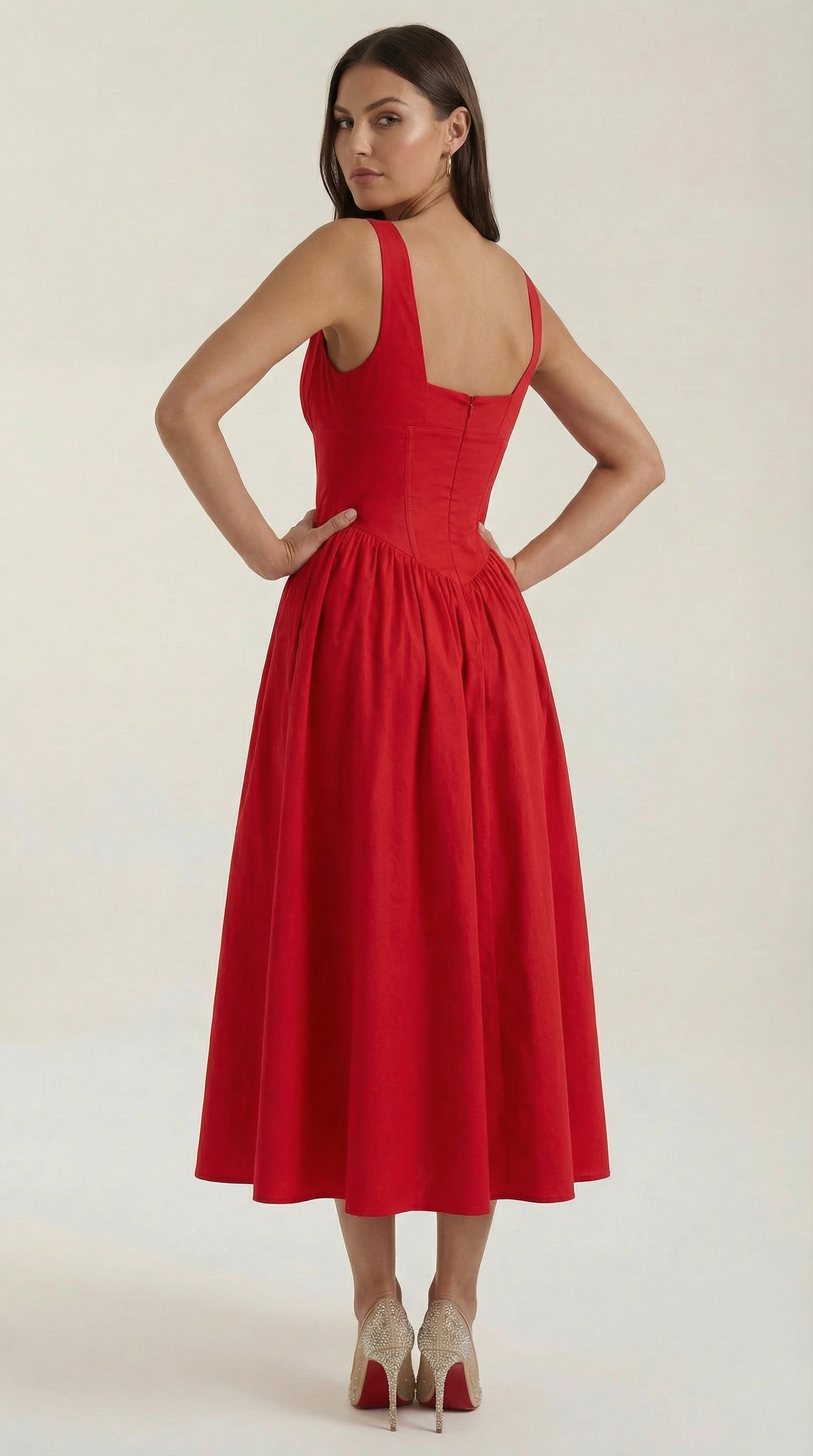 Midikleid Damen Tailliertes Oberteil V-Ausschnitt Geraffter Rock