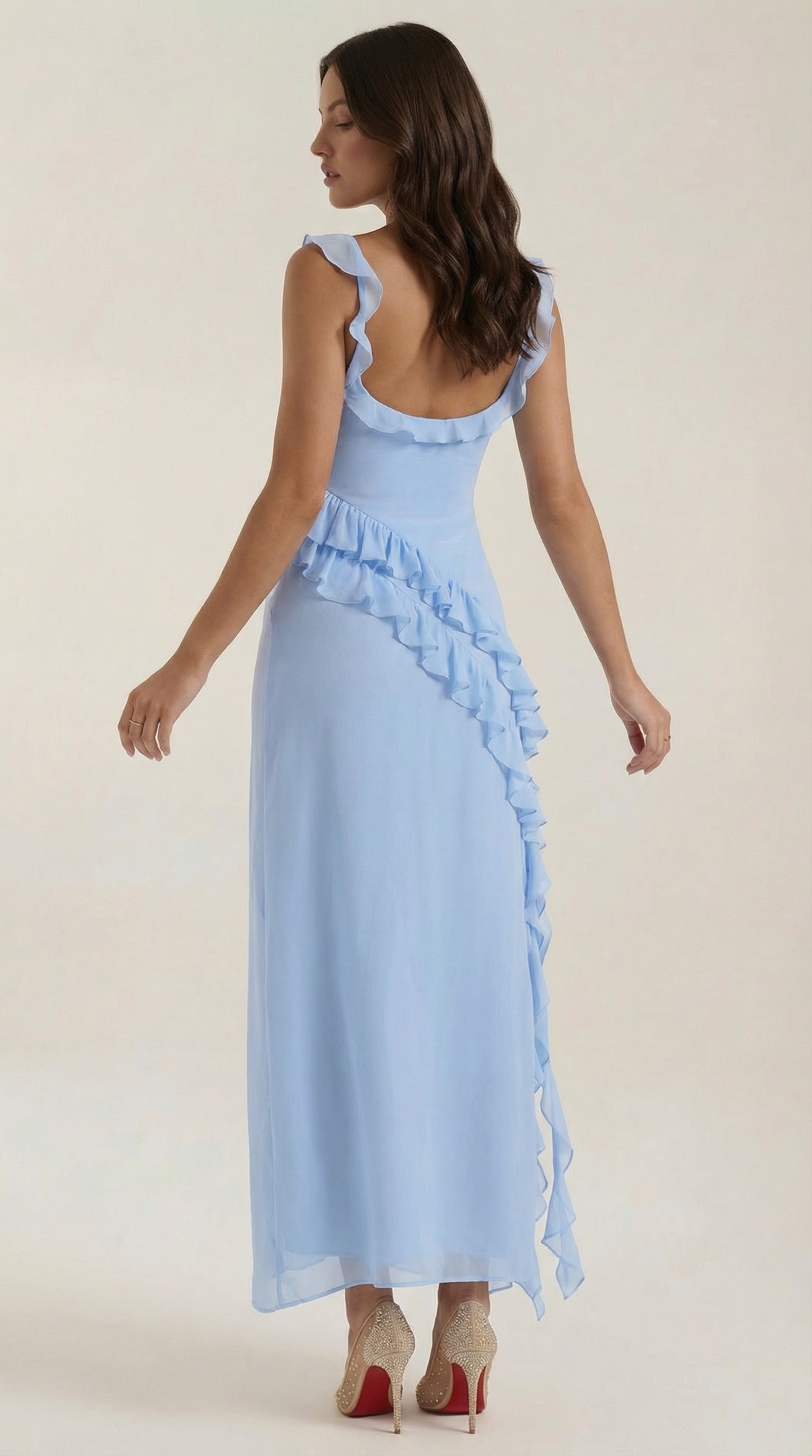 Maxikleid Damen Eckiger Ausschnitt Rueschen Asymmetrischer Schlitz