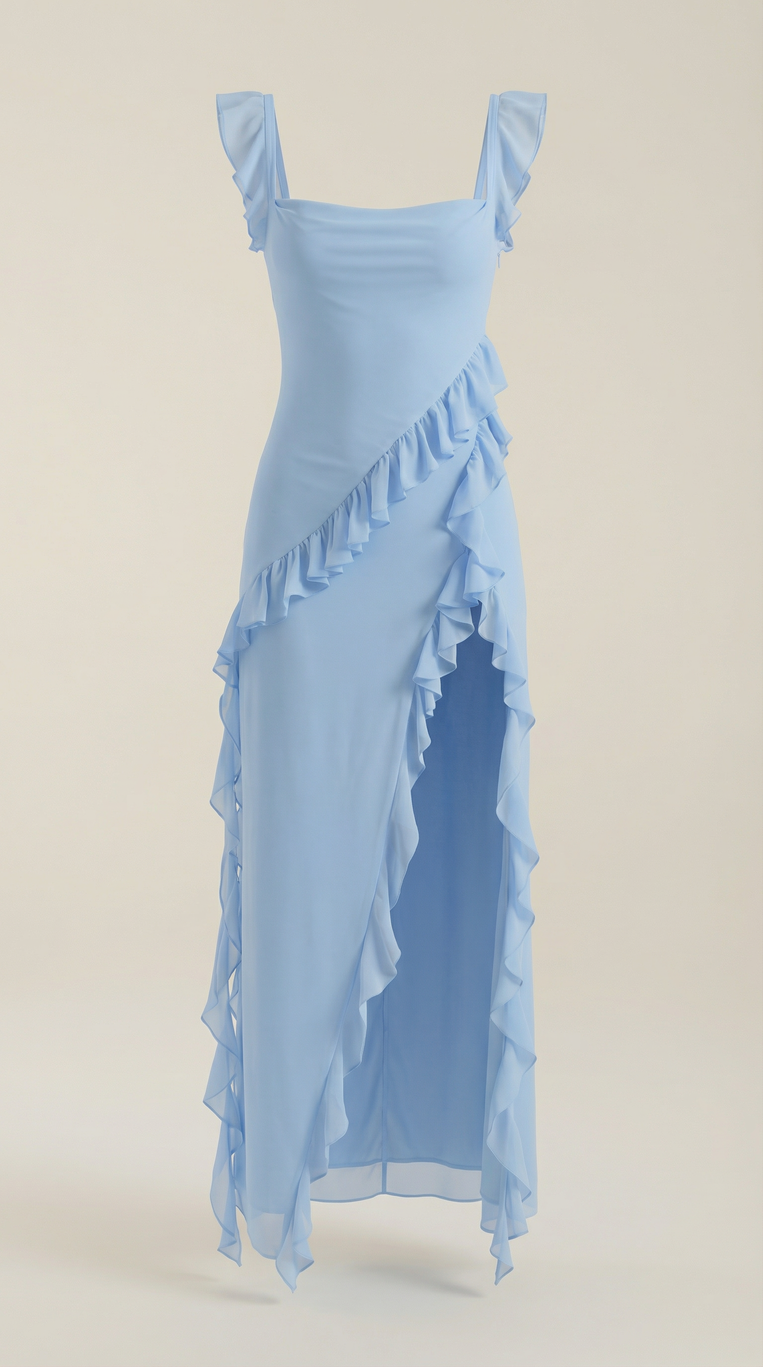 Maxikleid Damen Eckiger Ausschnitt Rueschen Asymmetrischer Schlitz