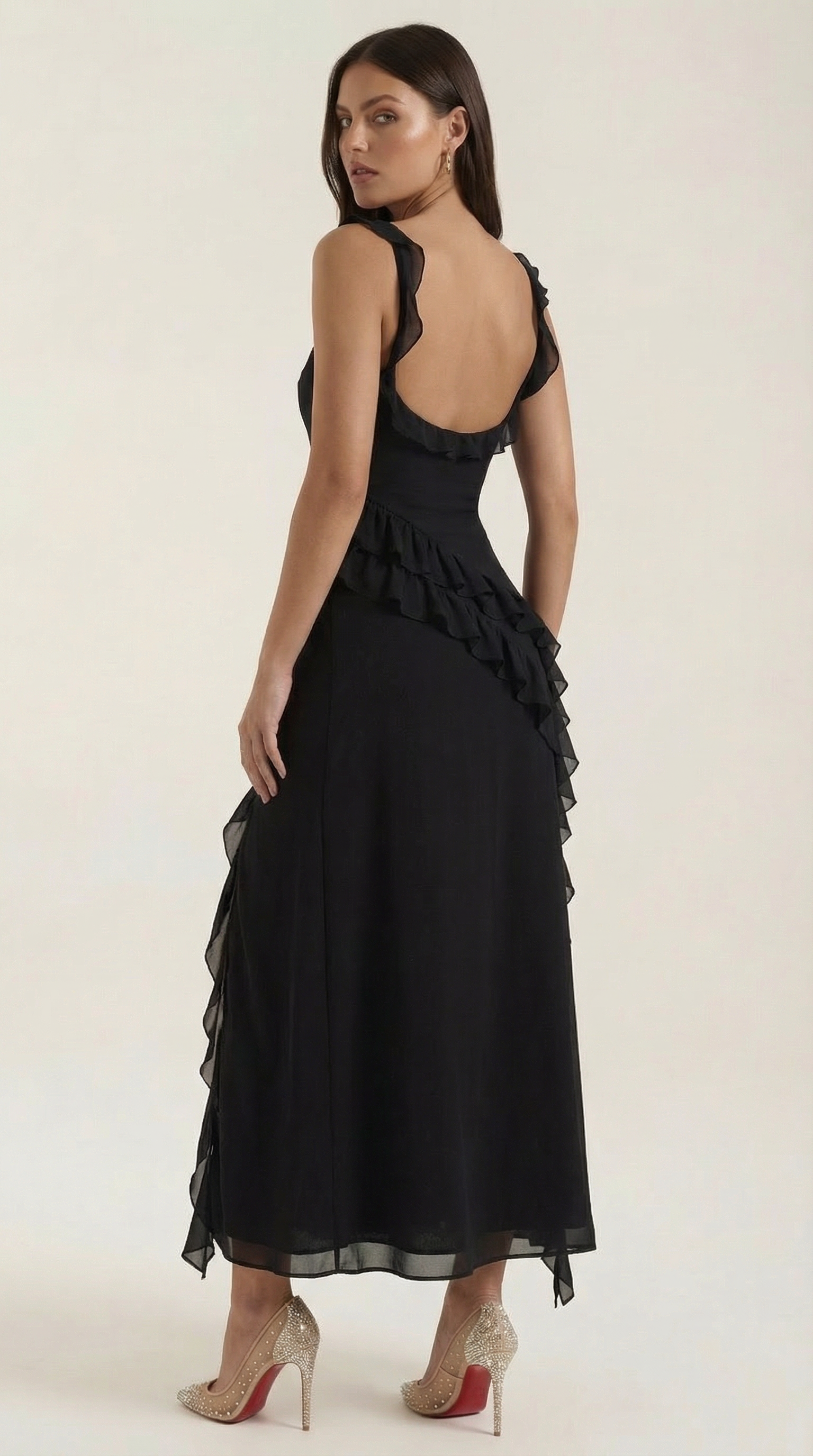 Maxikleid Damen Eckiger Ausschnitt Rueschen Asymmetrischer Schlitz