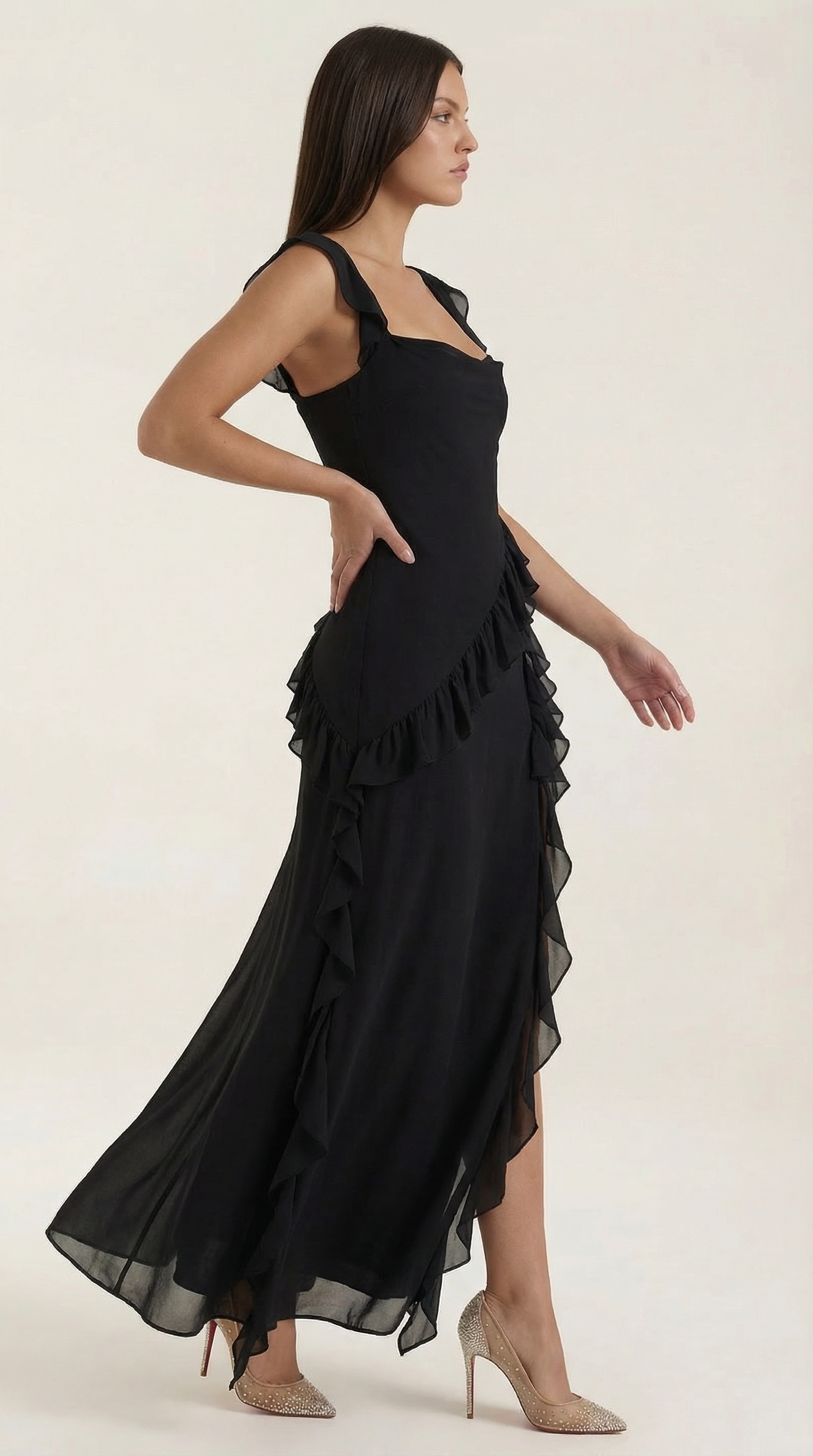 Maxikleid Damen Eckiger Ausschnitt Rueschen Asymmetrischer Schlitz